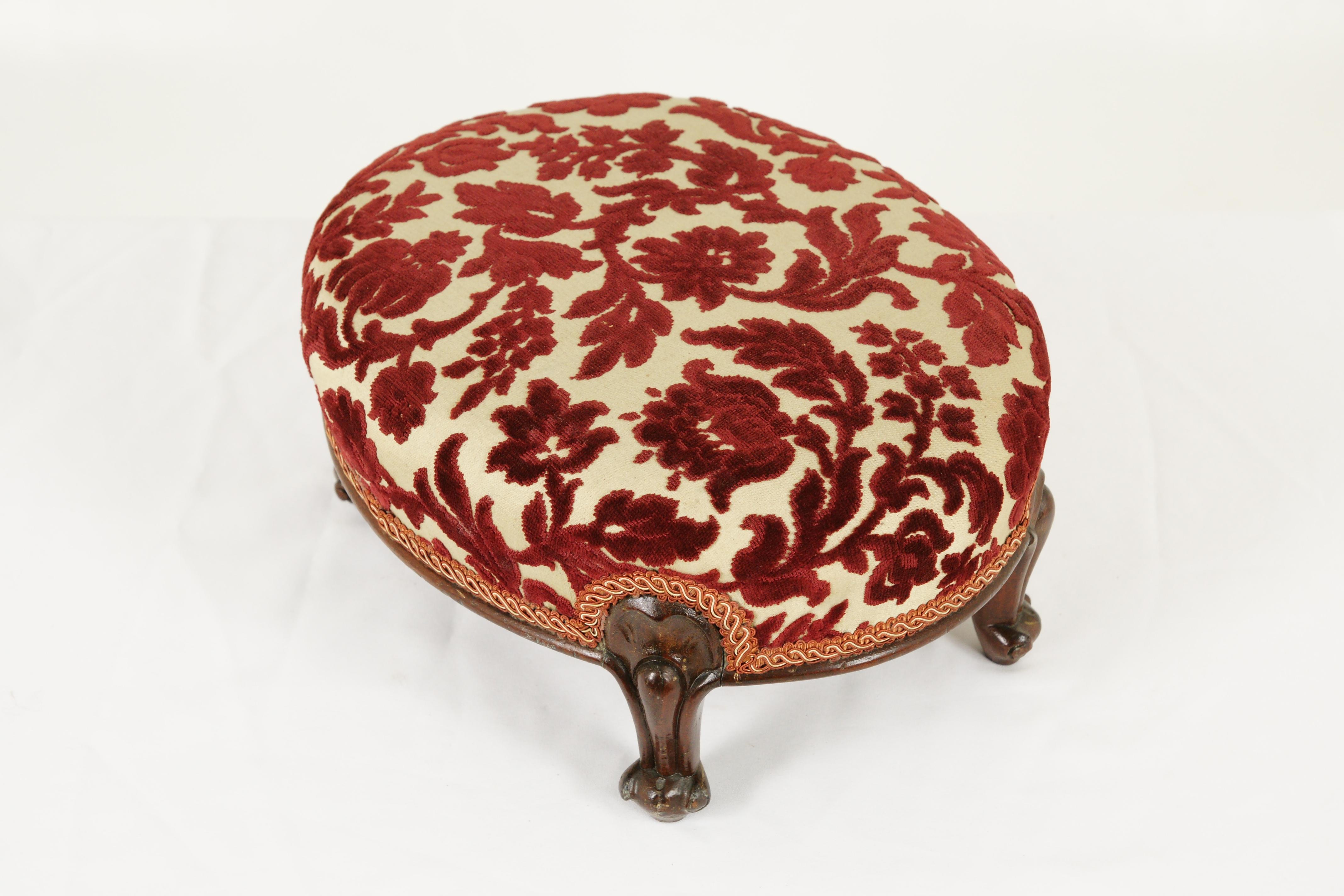 Antique footstool, carved walnut footstool, Victorian, Scotland 1880, Antique Furniture, B1702

Scotland, 1880
solid walnut with original finish
oval shaped
upholstered top with mohair fabric
sitting on miniature carved cabriole legs
wonderful