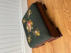 Antique Footstool circa 1880s Hand Needlepoint Floral Tapestry + Carved Wood Foo