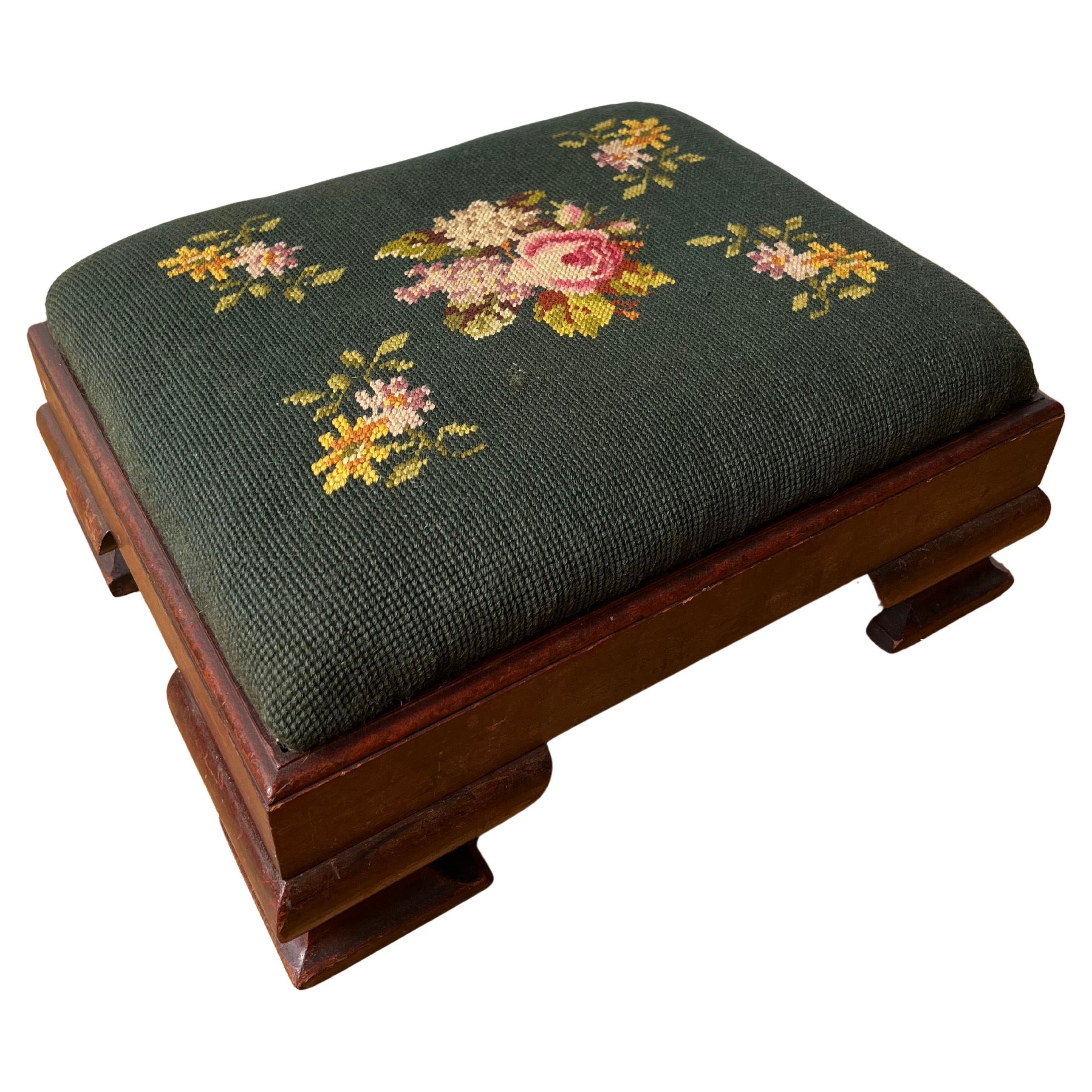 Antique Footstool circa 1880s Hand Needlepoint Floral Tapestry + Carved Wood Foo
