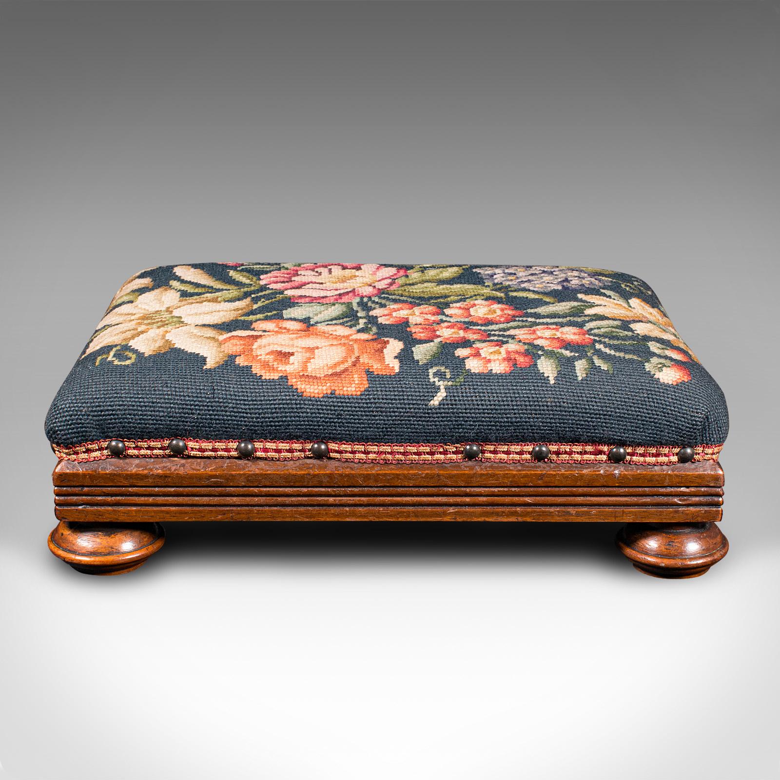 This is an antique footstool. An English, mahogany and needlepoint fireside footrest, dating to the late Victorian period, circa 1880.

Of good proportion with an appealing foliate decor
Displays a desirable aged patina and in good order
Select