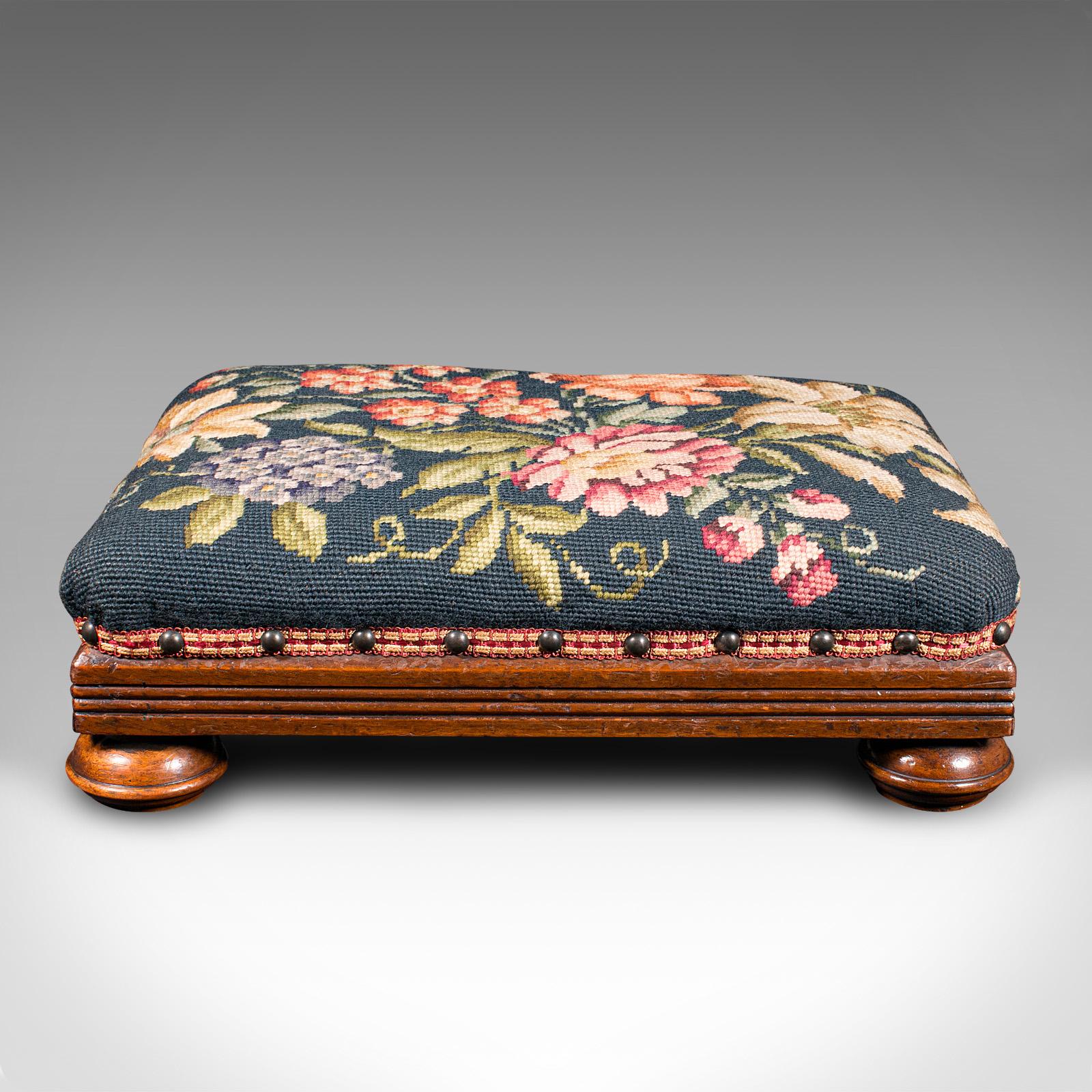 Late Victorian Antique Footstool, English, Needlepoint, Fireside Footrest, Stool, Victorian For Sale