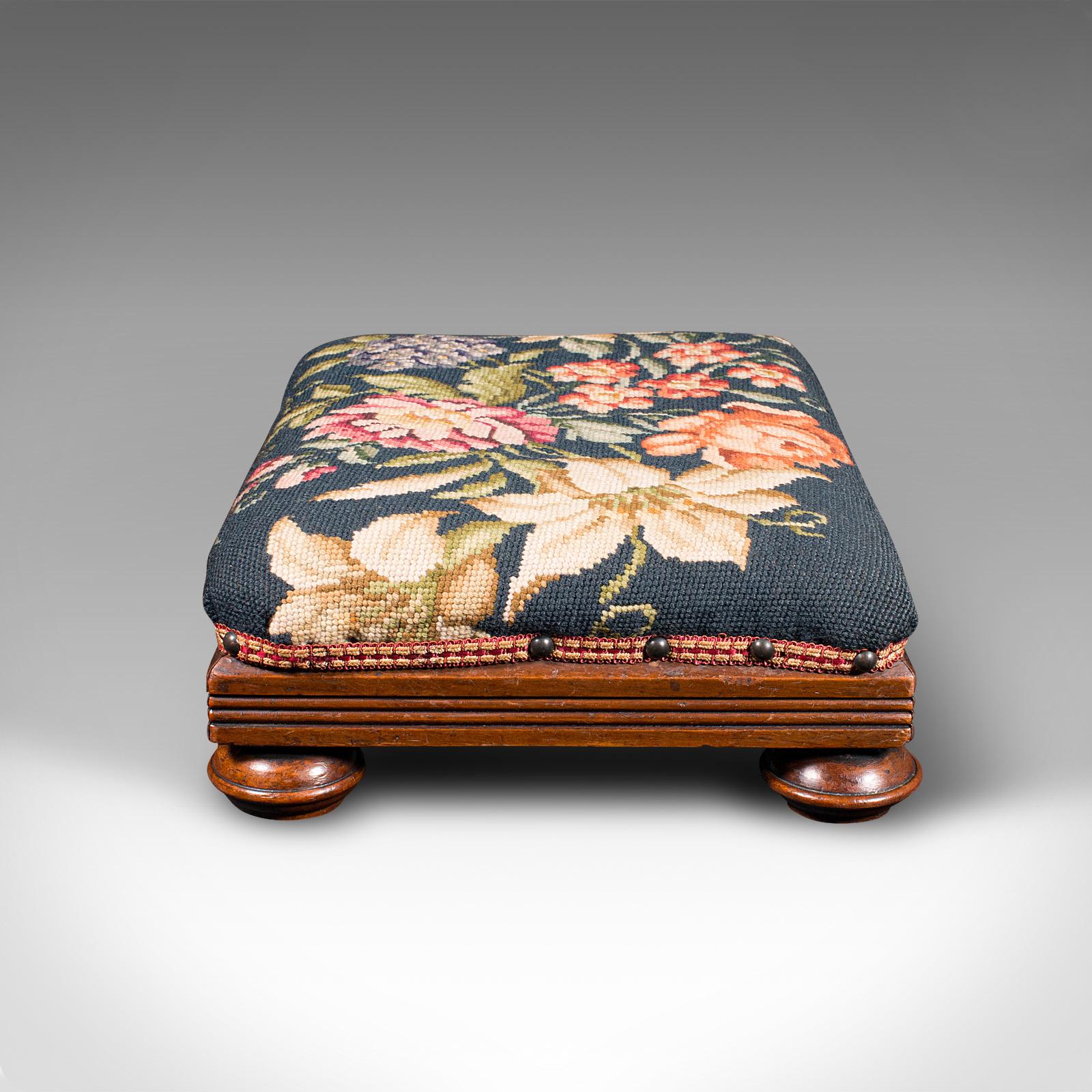 British Antique Footstool, English, Needlepoint, Fireside Footrest, Stool, Victorian For Sale