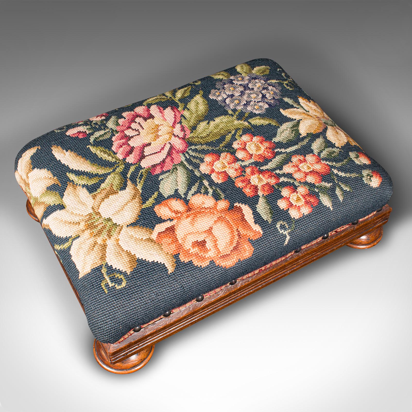 Tapestry Antique Footstool, English, Needlepoint, Fireside Footrest, Stool, Victorian For Sale
