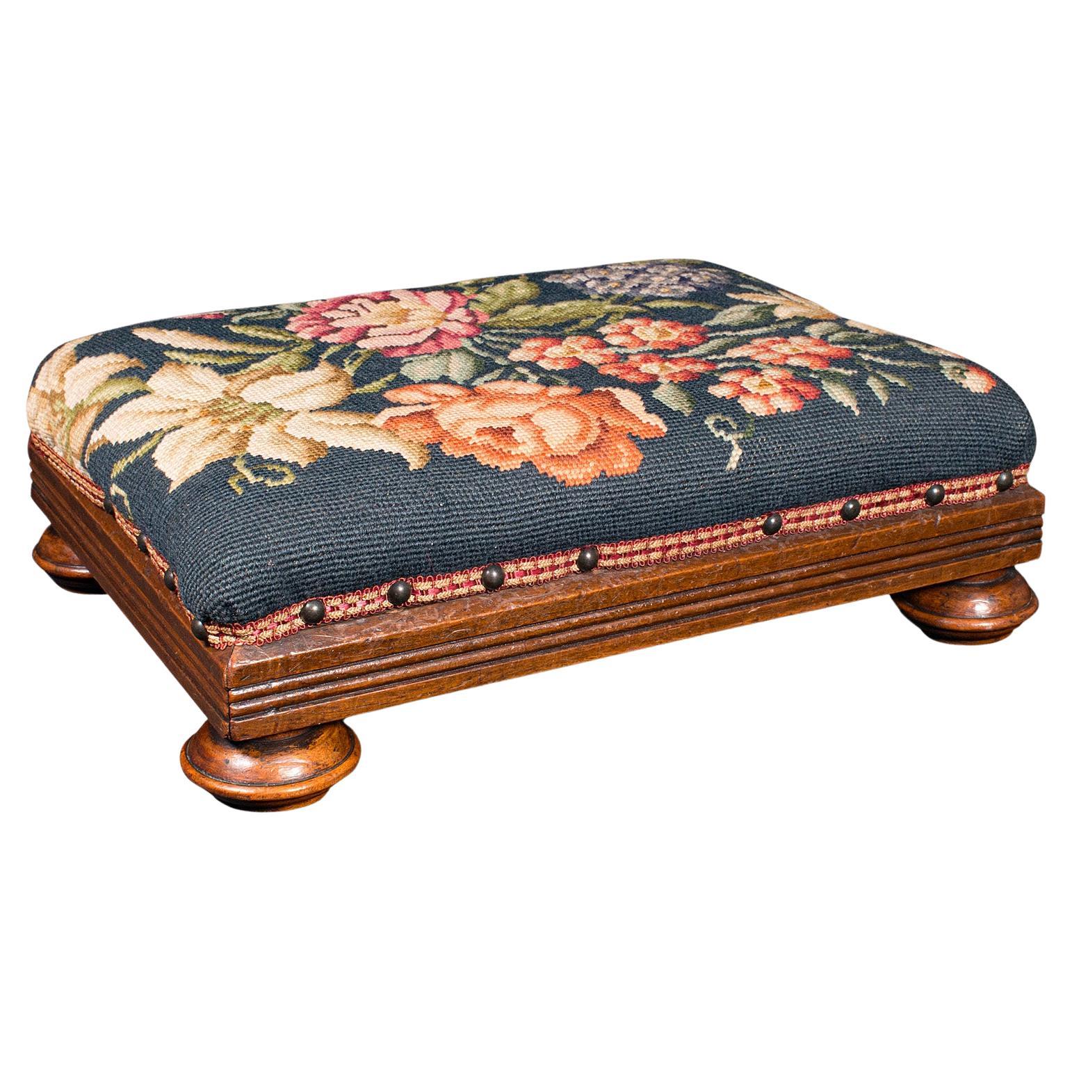 Antique Footstool, English, Needlepoint, Fireside Footrest, Stool, Victorian For Sale