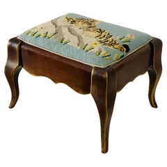 Antique Footstool with Baby Tiger Needlepoint  and Gold Trim