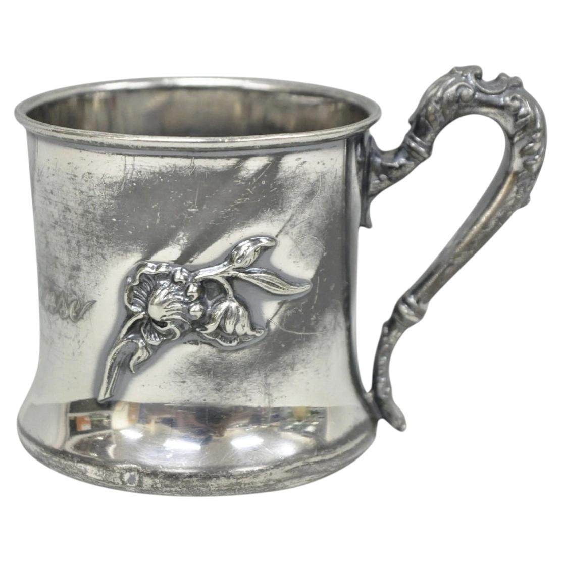 Antique Forbes Silver Co Art Nouveau Floral Monogramed Silver Plated Shaving Mug For Sale