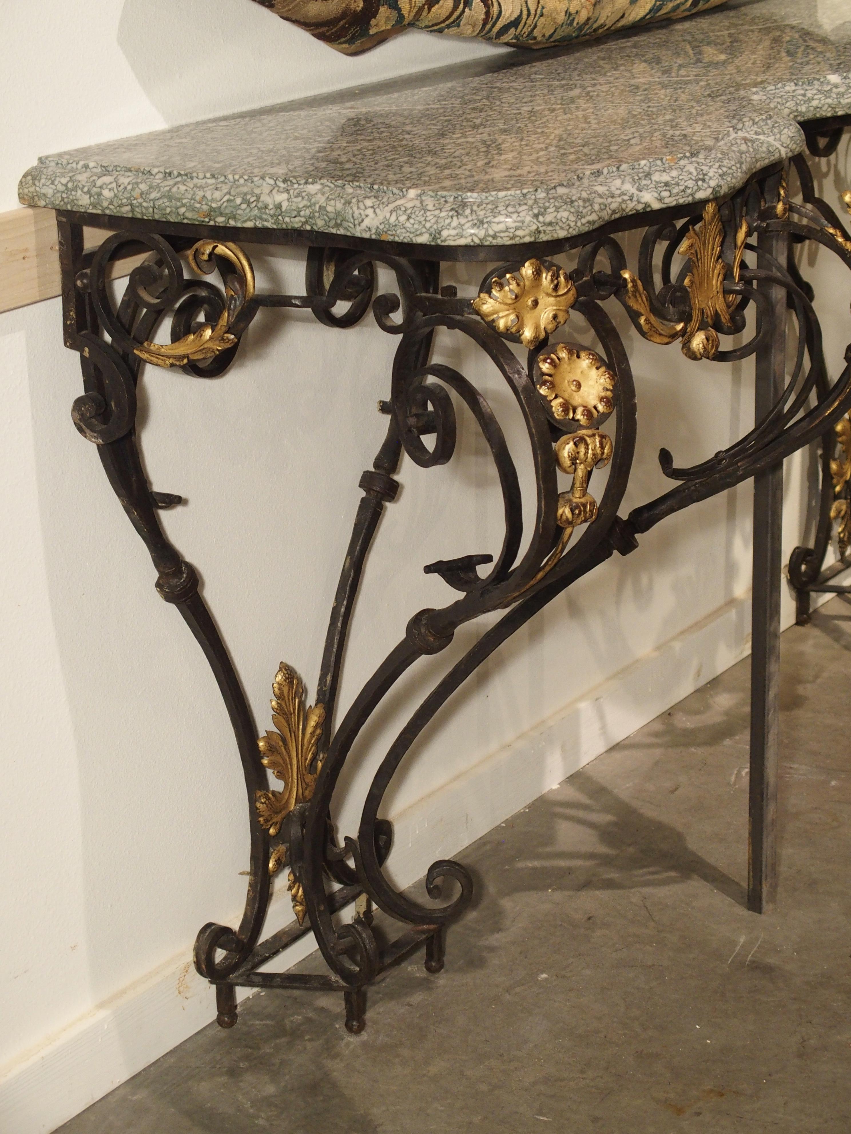 Antique Forged Iron and Gilt Tole Console Table with Marble Top, circa 1850 2