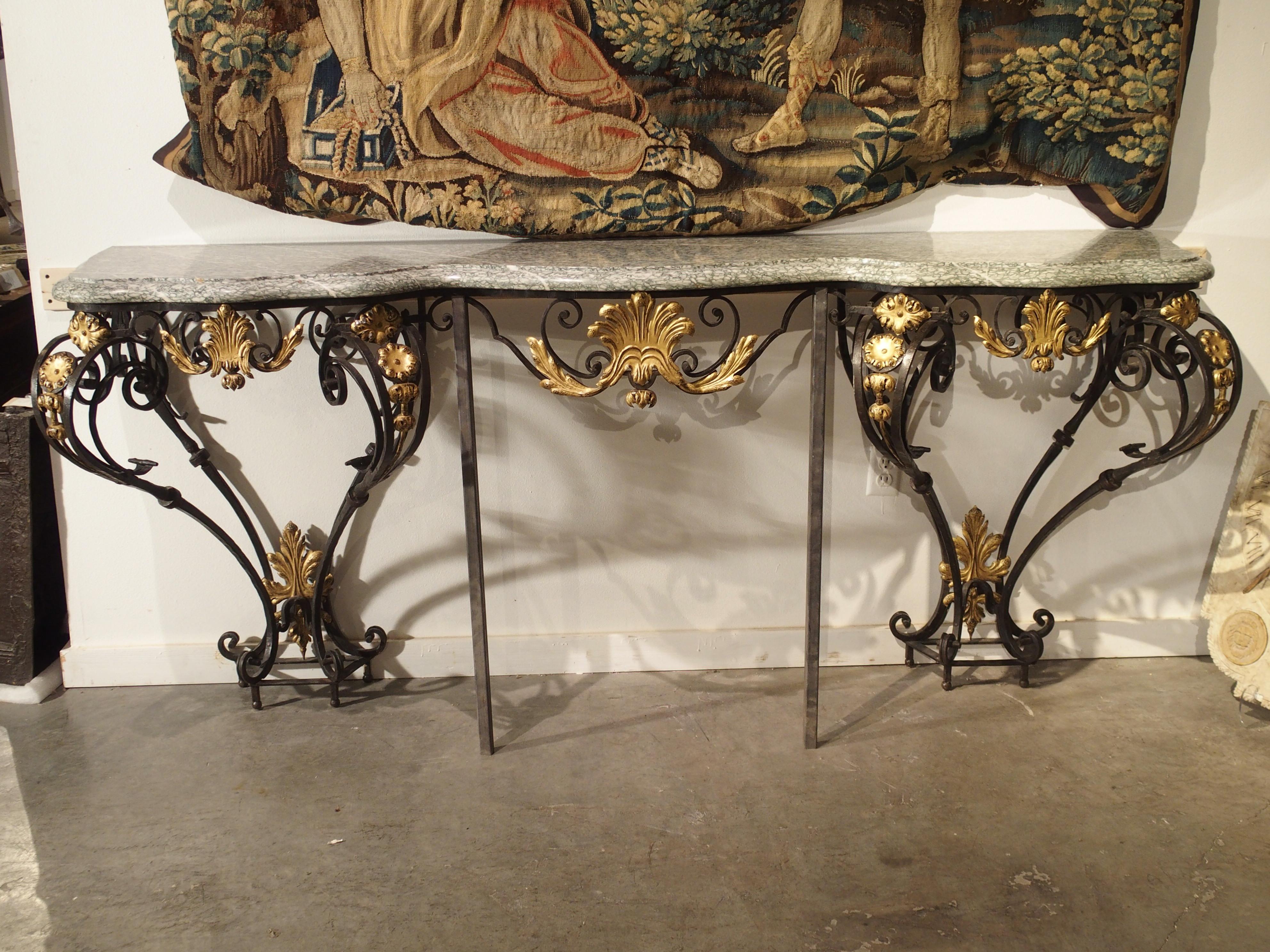 Antique Forged Iron and Gilt Tole Console Table with Marble Top, circa 1850 10