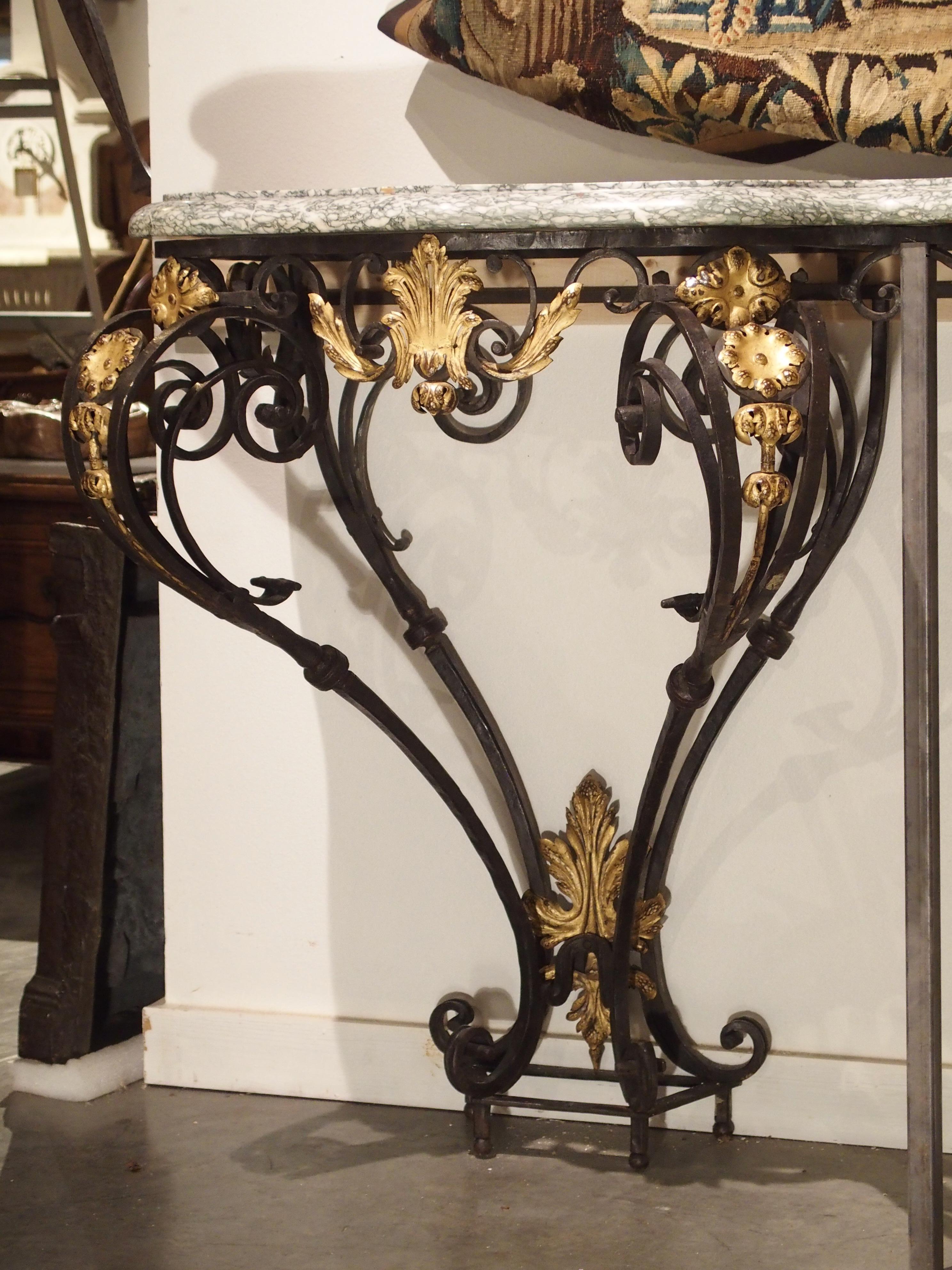 French Antique Forged Iron and Gilt Tole Console Table with Marble Top, circa 1850