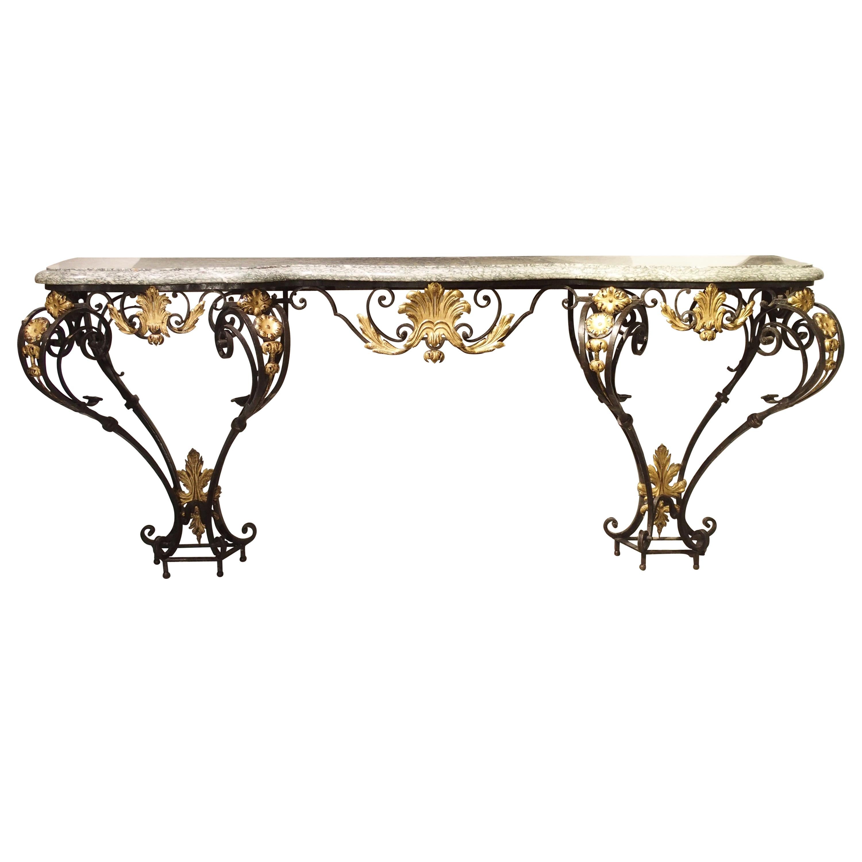 Antique Forged Iron and Gilt Tole Console Table with Marble Top, circa 1850