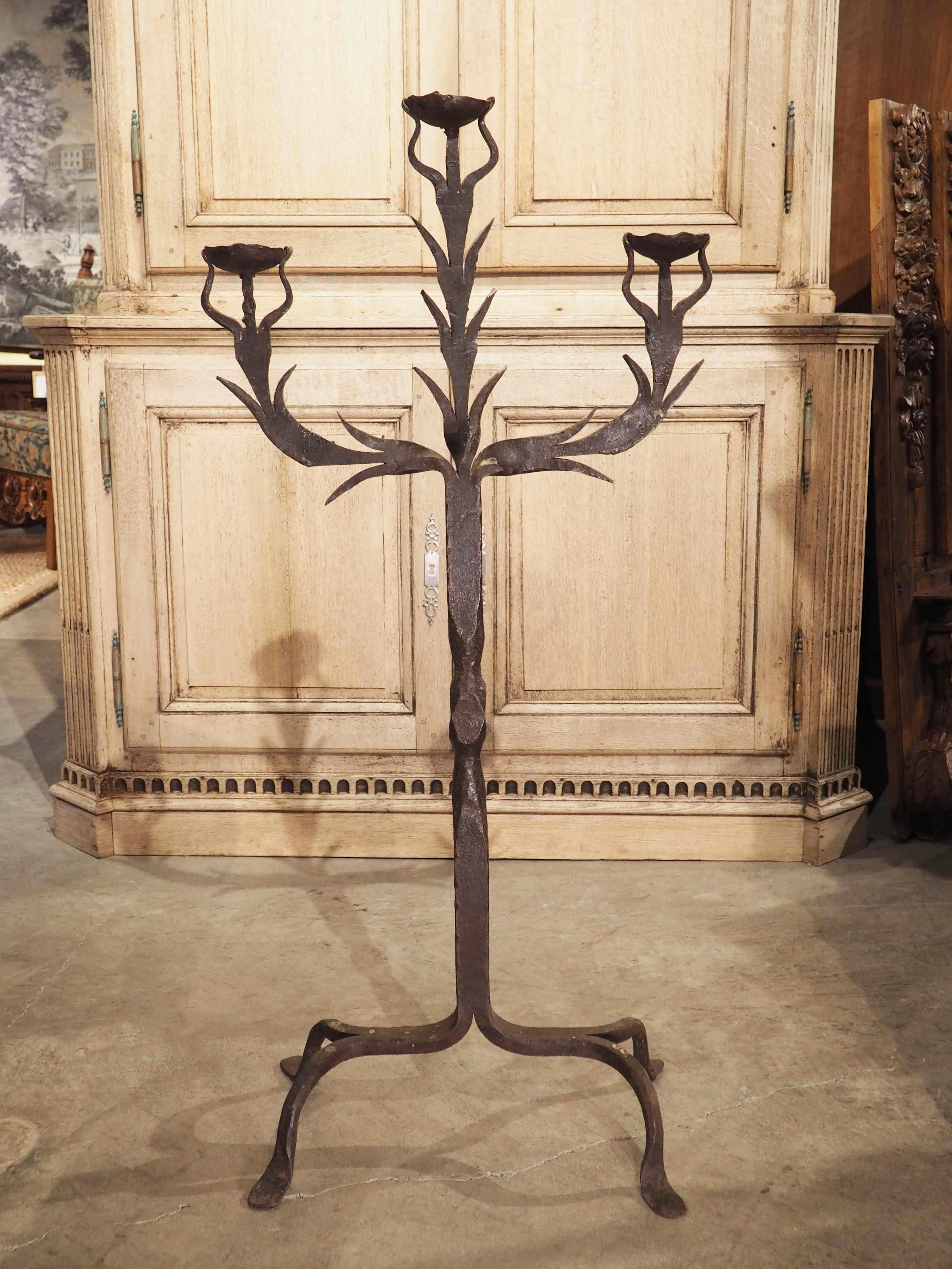 Spanish Antique Forged Iron Candelabra Torchere from Spain, Circa 1900 For Sale
