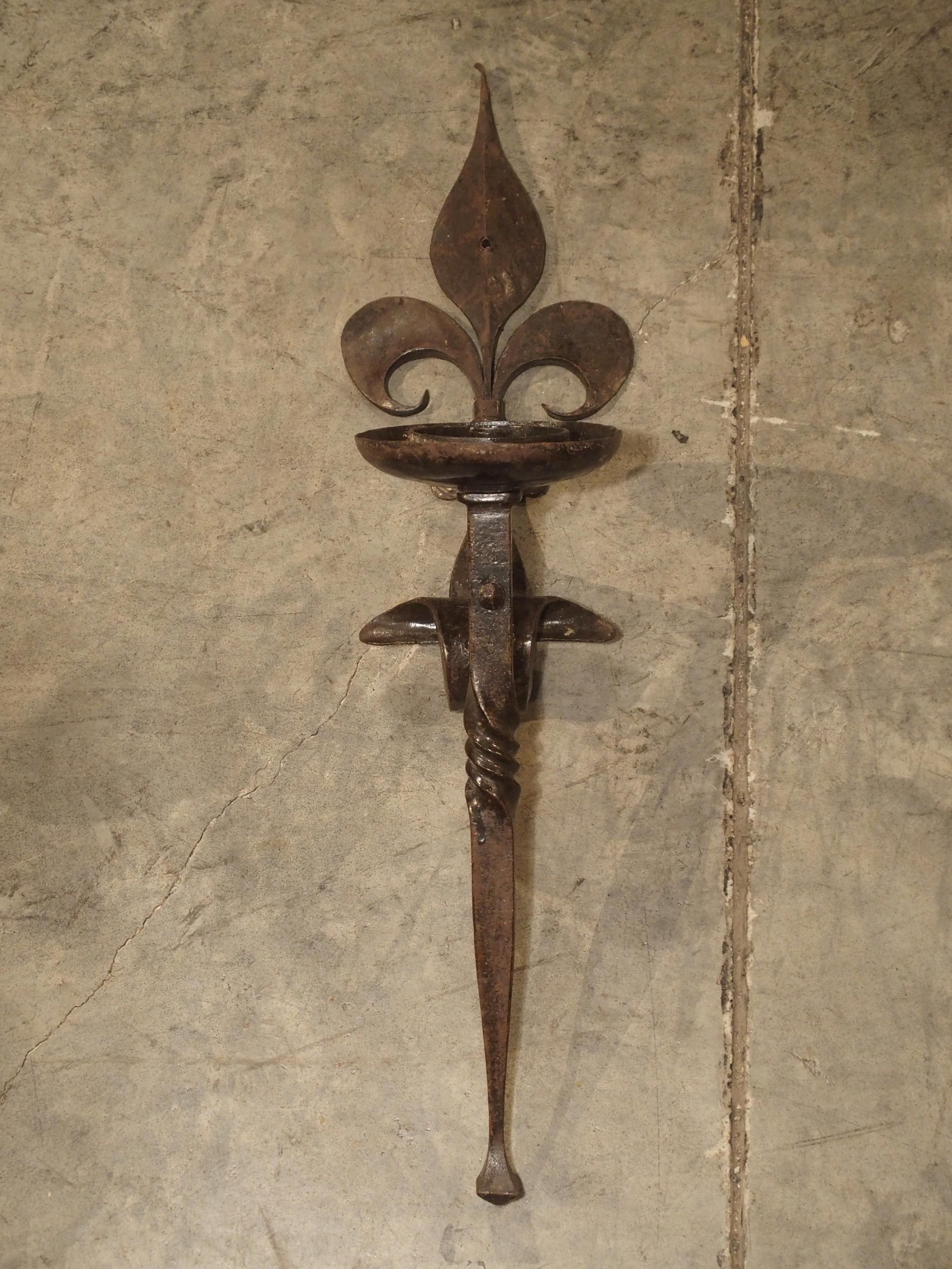 French Antique Forged Iron Fleur-de-Lys Torchere Sconce from France, circa 1900 For Sale