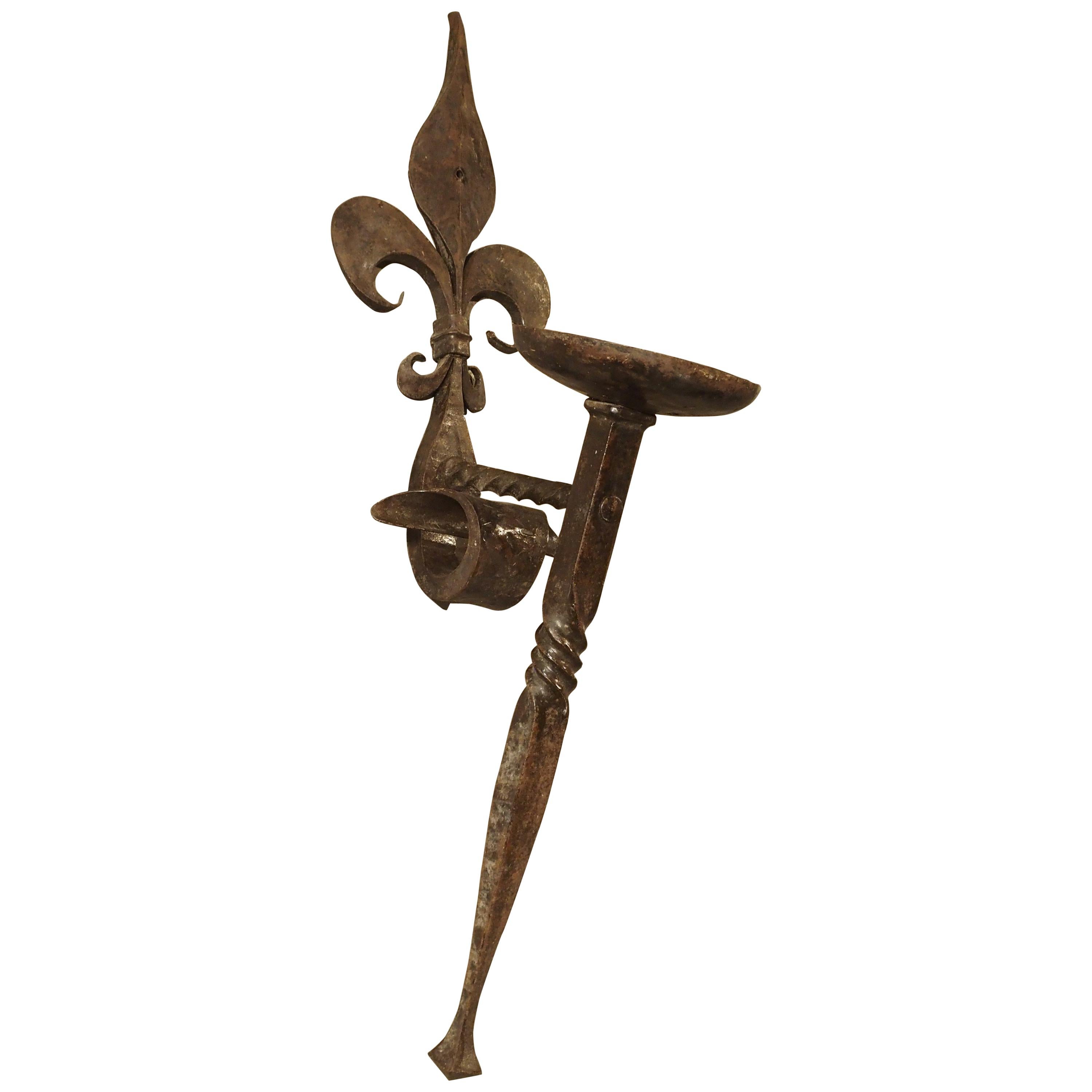 Antique Forged Iron Fleur-de-Lys Torchere Sconce from France, circa 1900 For Sale