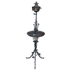 Antique Forged Iron Rose Tripod Tray Table Oil Lamp Lantern Floor Lamp 74"