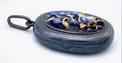 Antique Forget Me Not Bouquet with Ribbon Locket Pendant Gun Metal Enamel