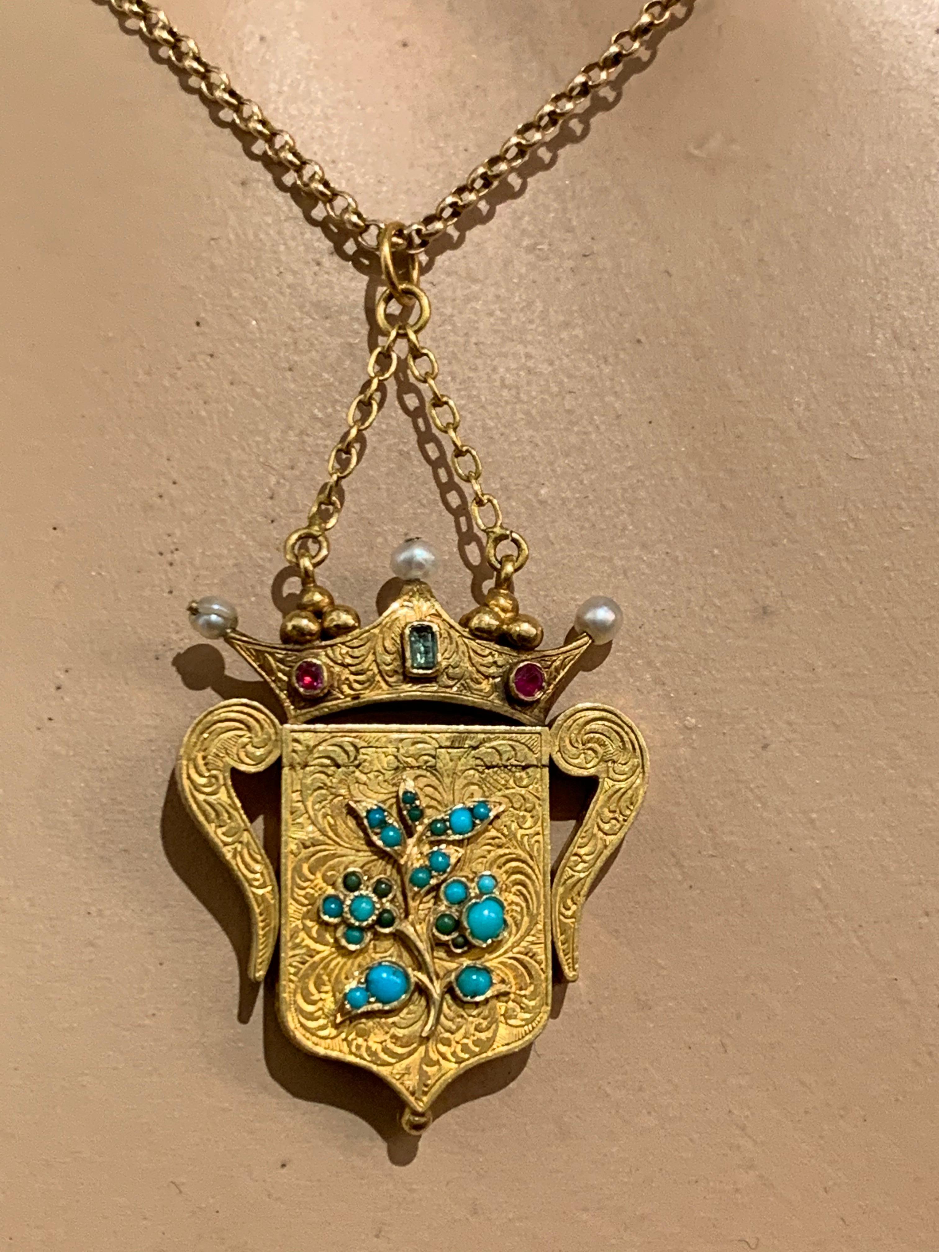 Antique Forget Me Not Vinaigrette Crown Pearl Emerald Ruby Gold Locket Pendant For Sale 6