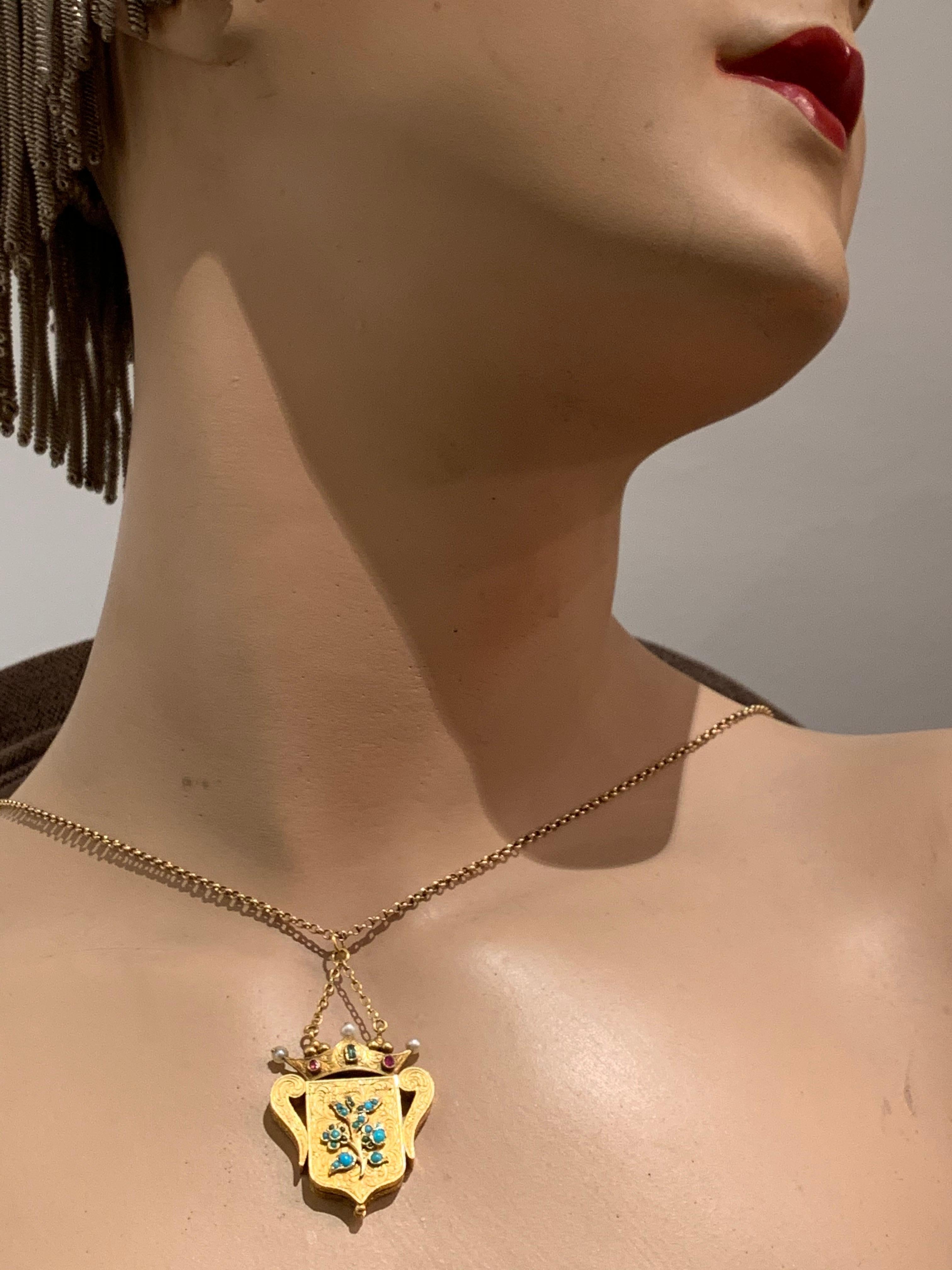 Antique Forget Me Not Vinaigrette Crown Pearl Emerald Ruby Gold Locket Pendant For Sale 7