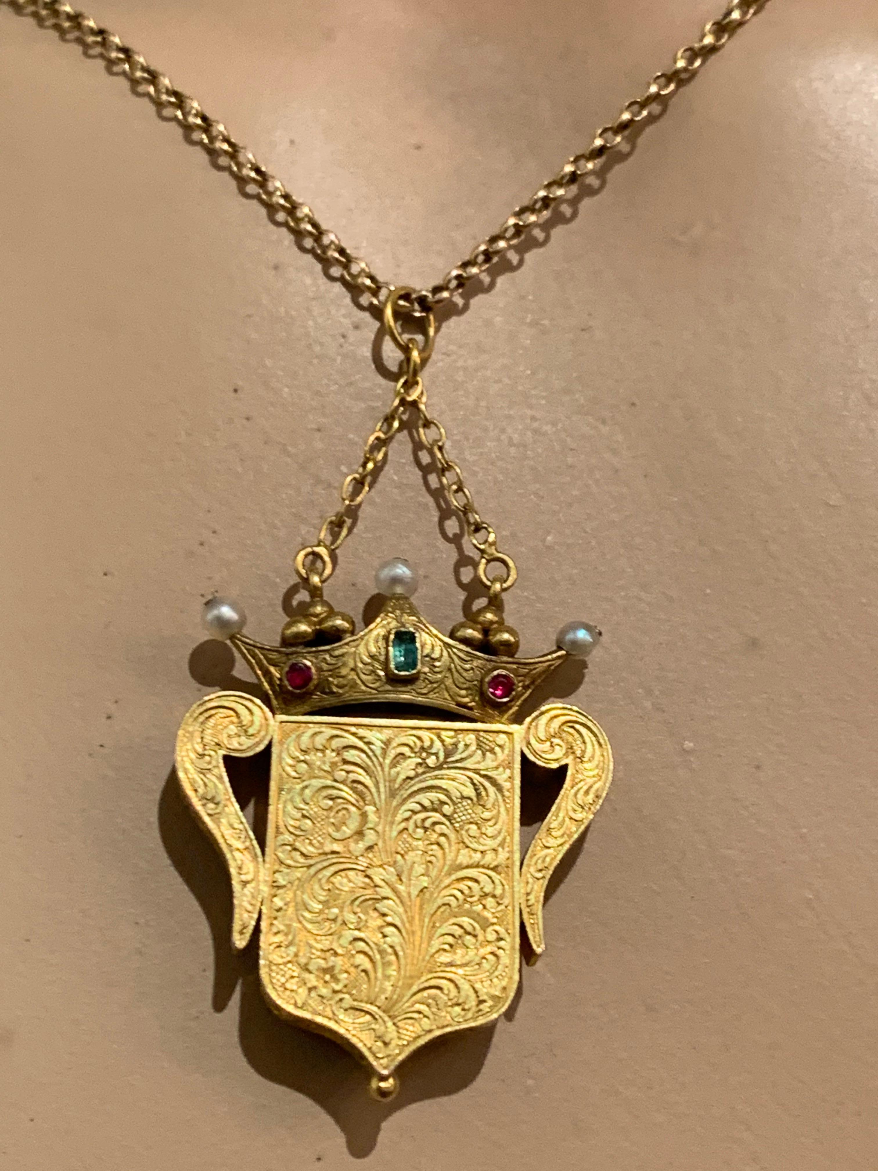 Antique Forget Me Not Vinaigrette Crown Pearl Emerald Ruby Gold Locket Pendant For Sale 8
