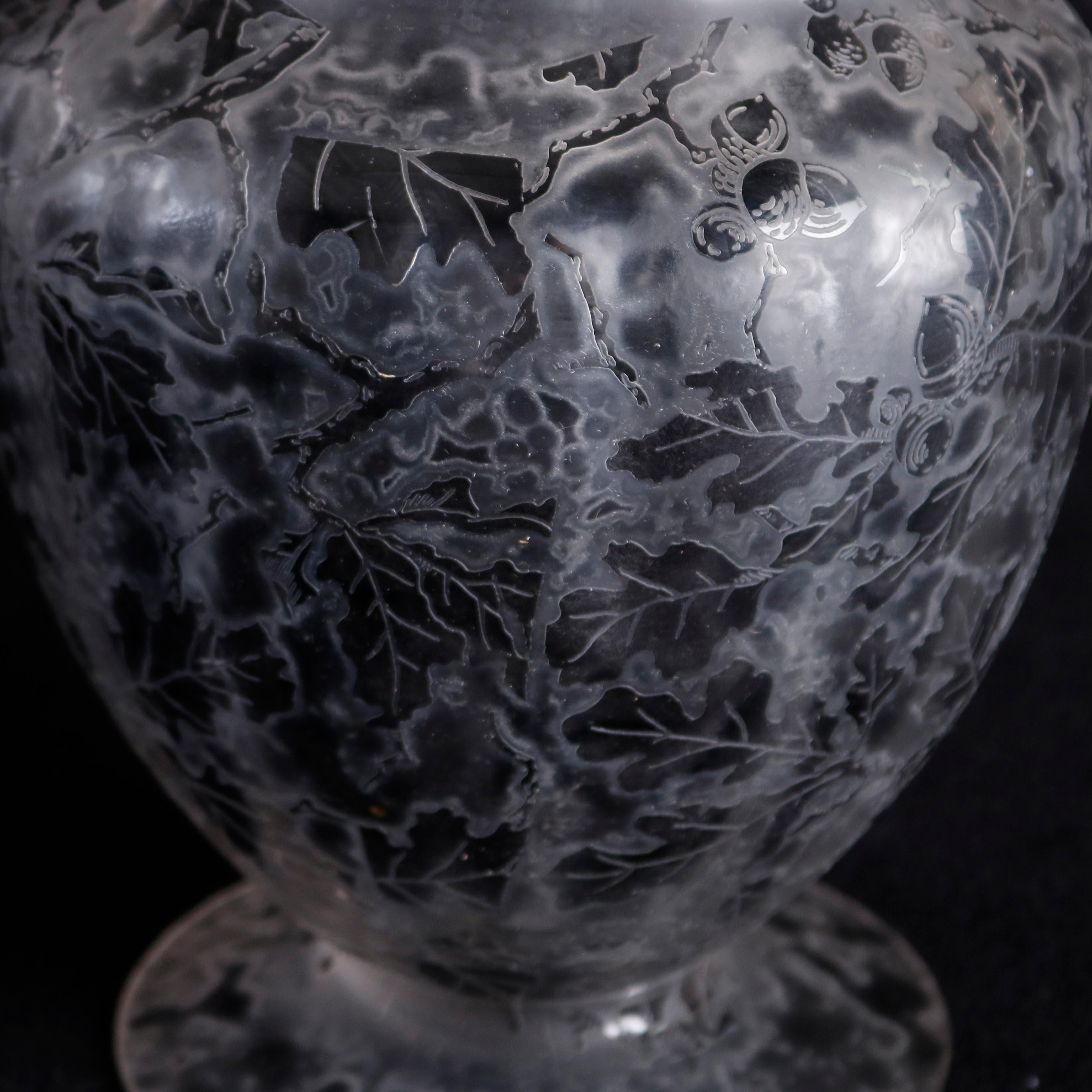 American Antique Fostoria Acid Etched Floral Art Glass Footed Vase, 20th Century For Sale