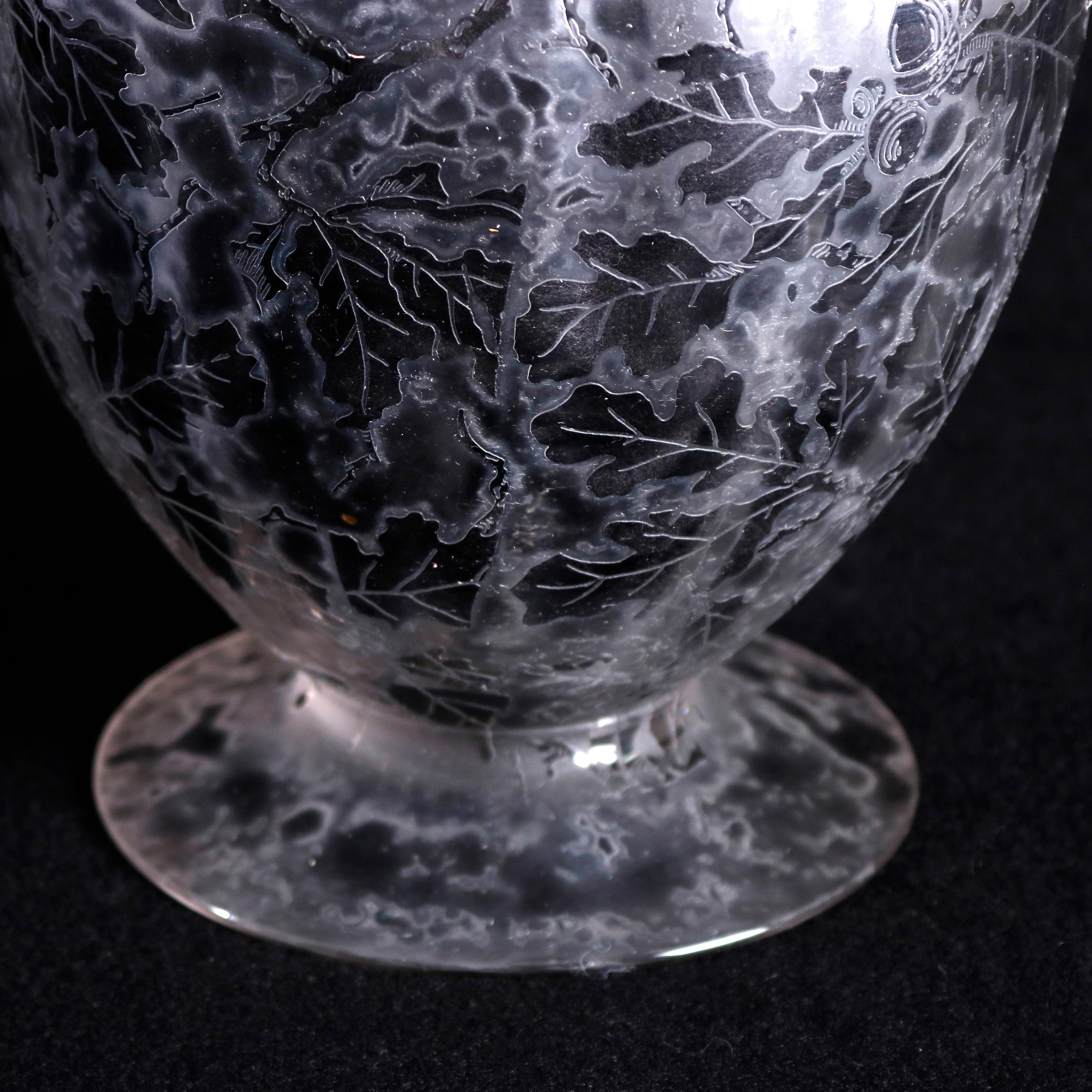 Antique Fostoria Acid Etched Floral Art Glass Footed Vase, 20th Century In Good Condition For Sale In Big Flats, NY