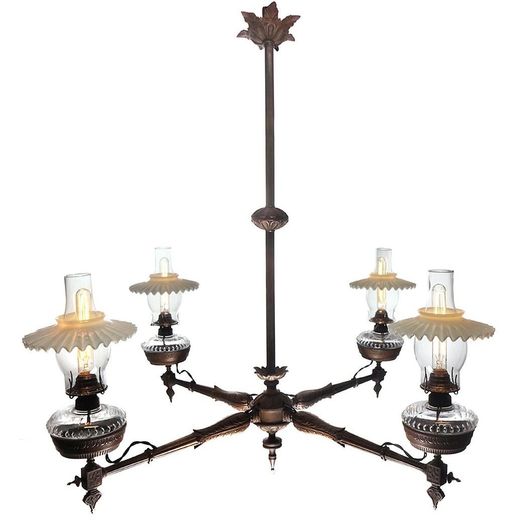 Antique Four-Arm Victorian Oil Chandelier, Newly Wired