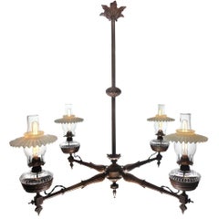Antique Four-Arm Victorian Oil Chandelier, Newly Wired
