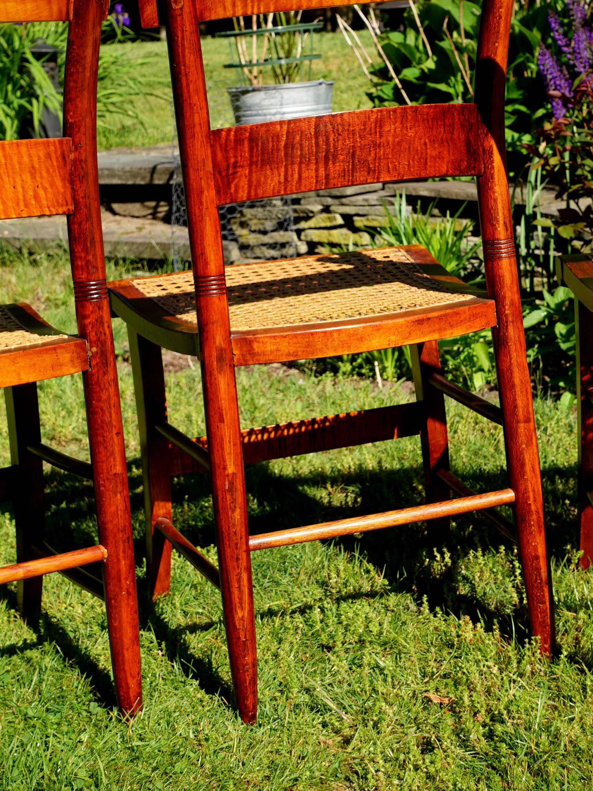 Antique Four Federal Tiger Maple Slat Back & Cane Seat Dinning Charis For Sale 5