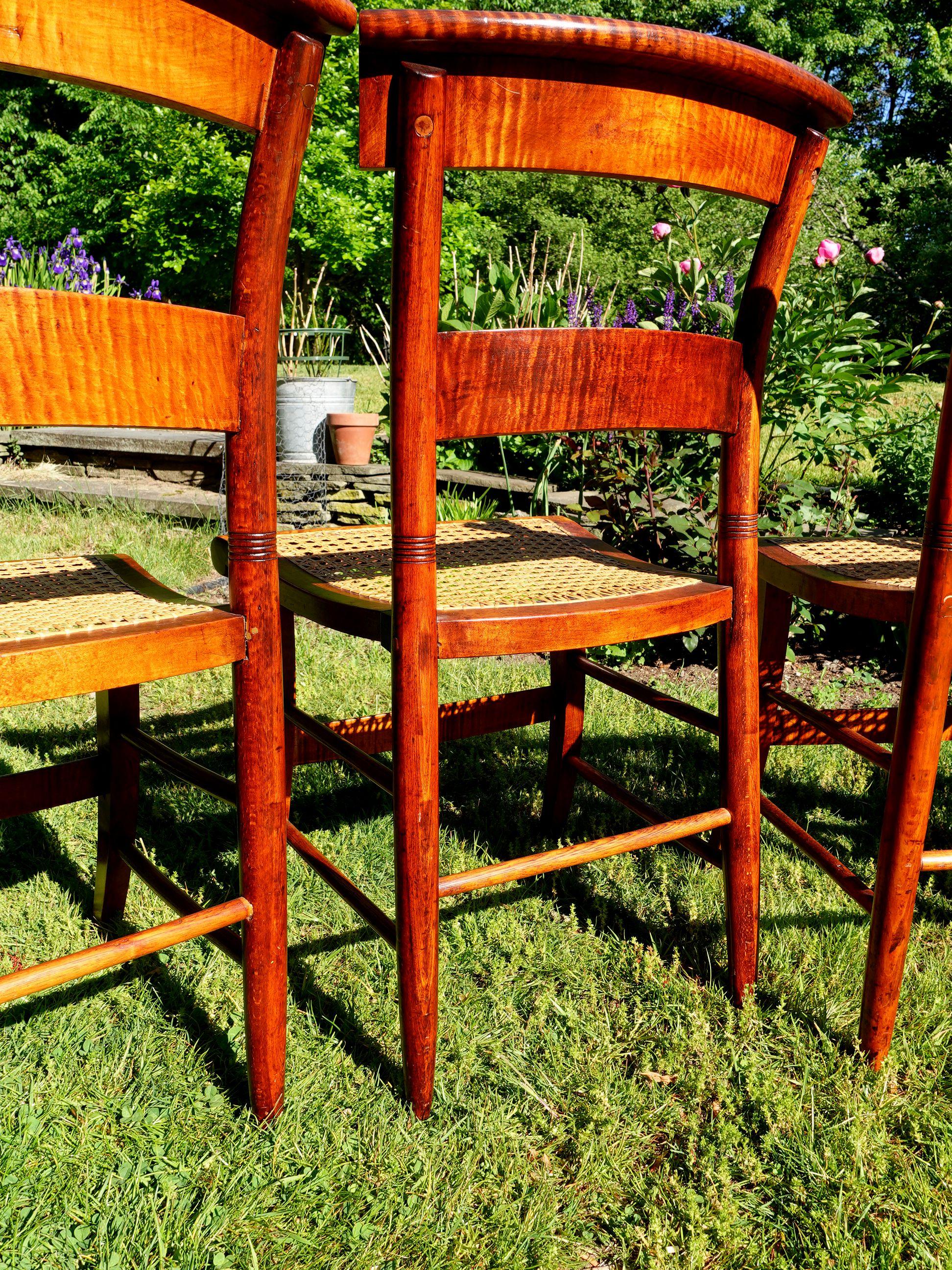 Antique Four Federal Tiger Maple Slat Back & Cane Seat Dinning Charis For Sale 8