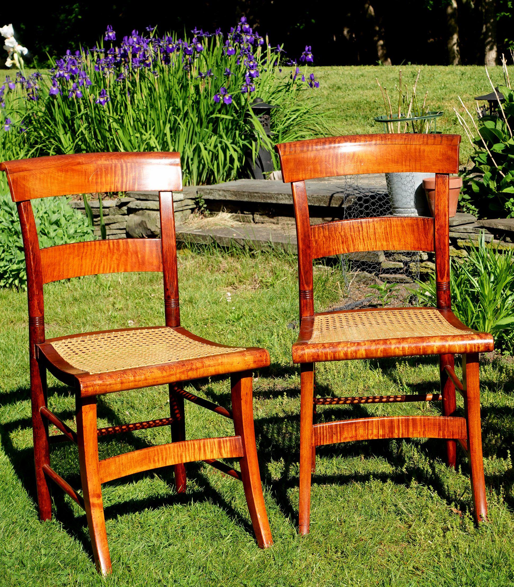 Hand-Carved Antique Four Federal Tiger Maple Slat Back & Cane Seat Dinning Charis For Sale