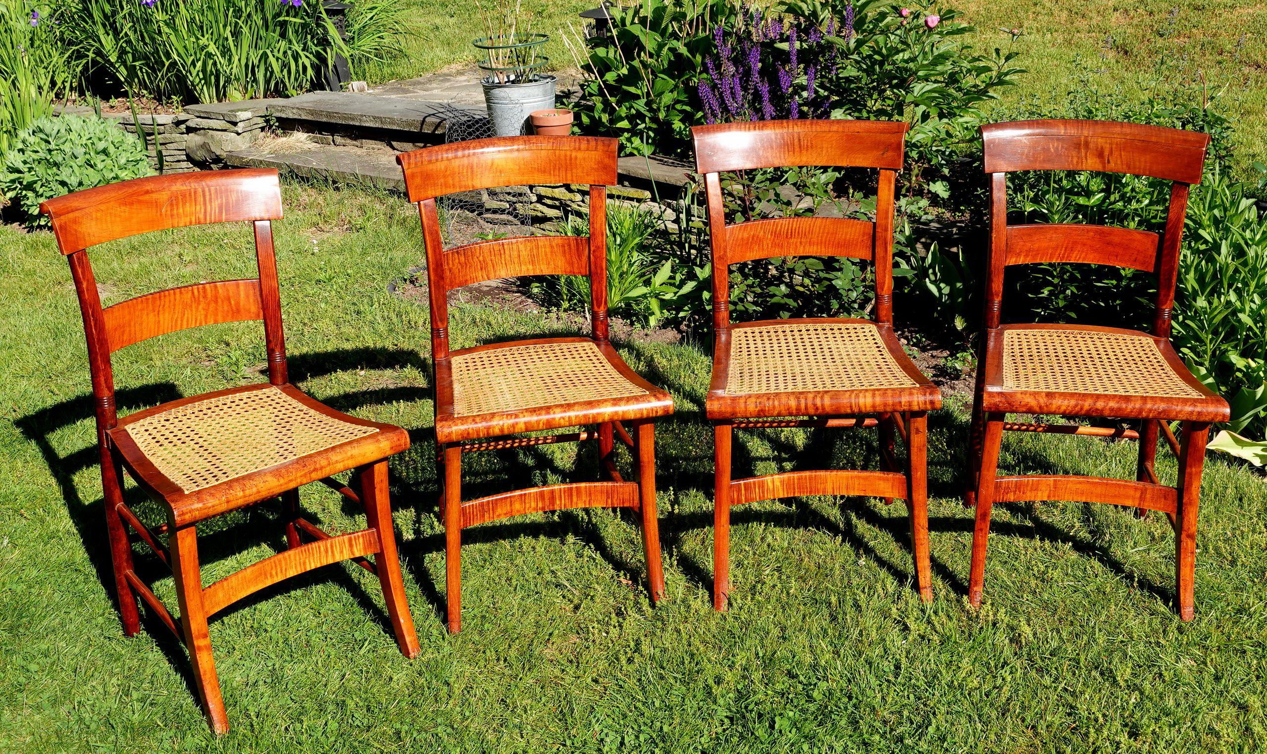Antique Four Federal Tiger Maple Slat Back & Cane Seat Dinning Charis In Good Condition For Sale In Norton, MA