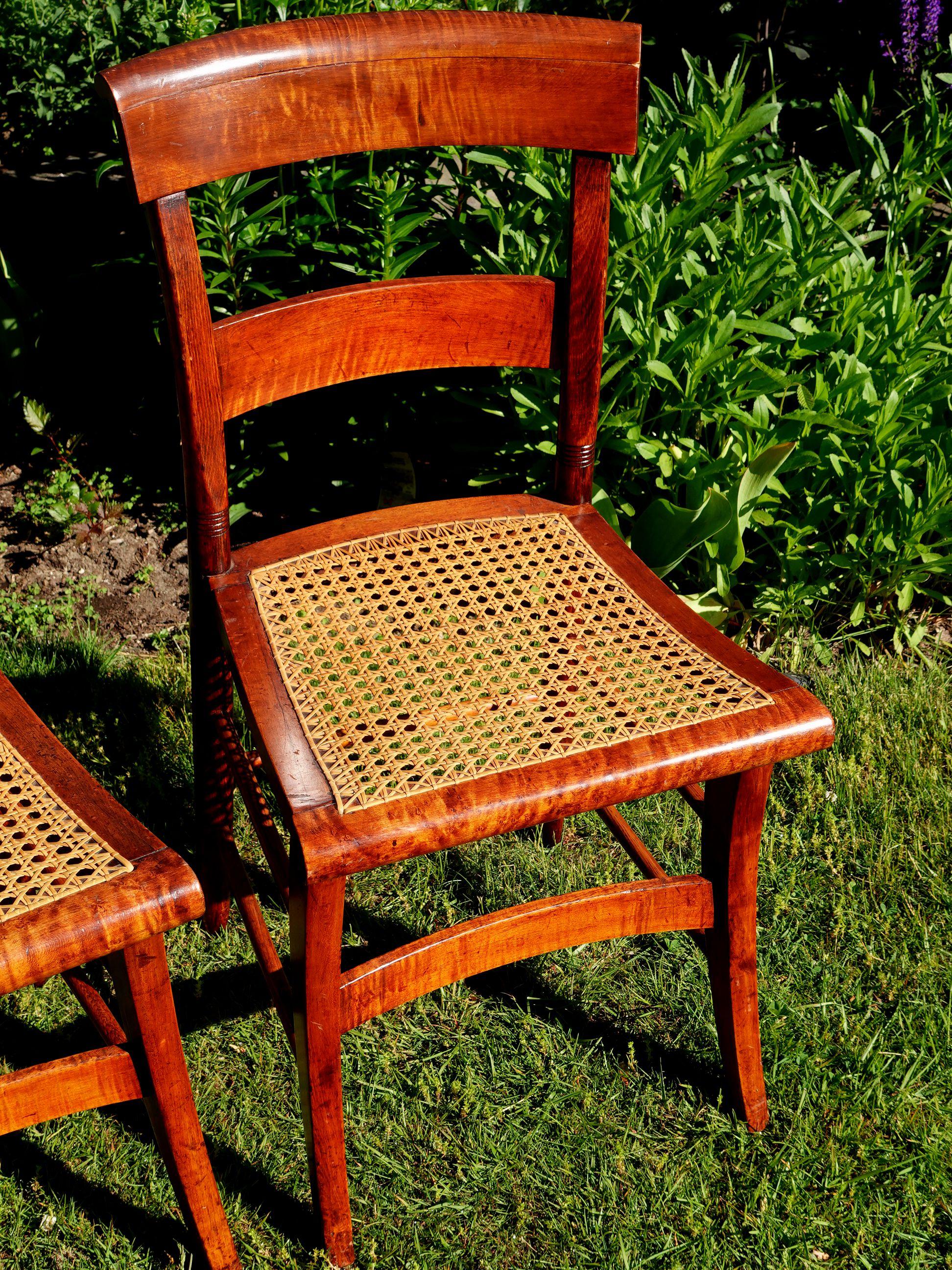 19th Century Antique Four Federal Tiger Maple Slat Back & Cane Seat Dinning Charis For Sale