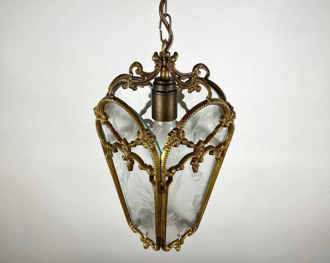 Louis XV Antique Four Glass Sided Lantern In Cut Glass And Gilt Brass, 1920s