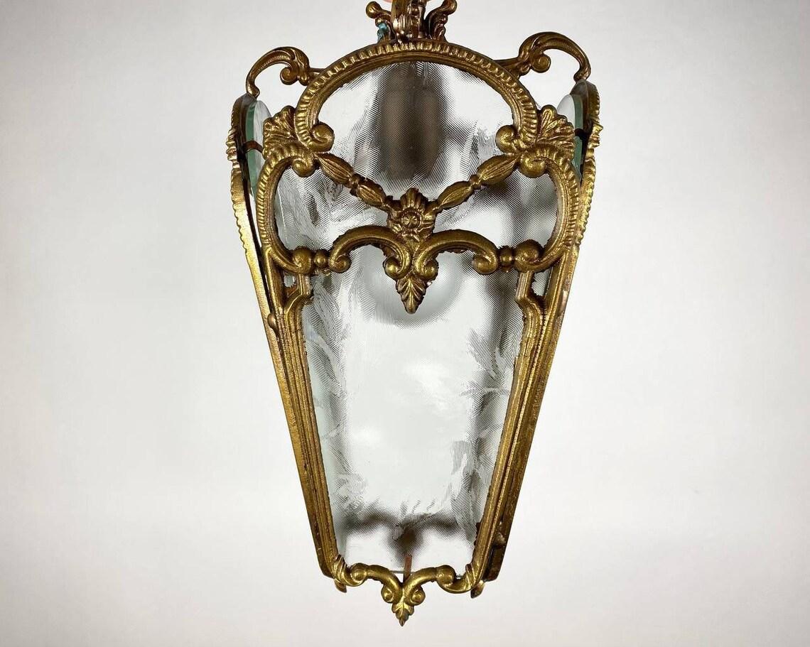 French Antique Four Glass Sided Lantern In Cut Glass And Gilt Brass, 1920s