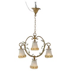 Antique Four Light Bronzed Metal Hanging Chandelier with Holophane Shades C1930