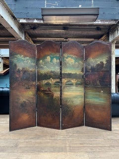 Antique Four-Panel Painted Folding Screen, Early 20th Century
