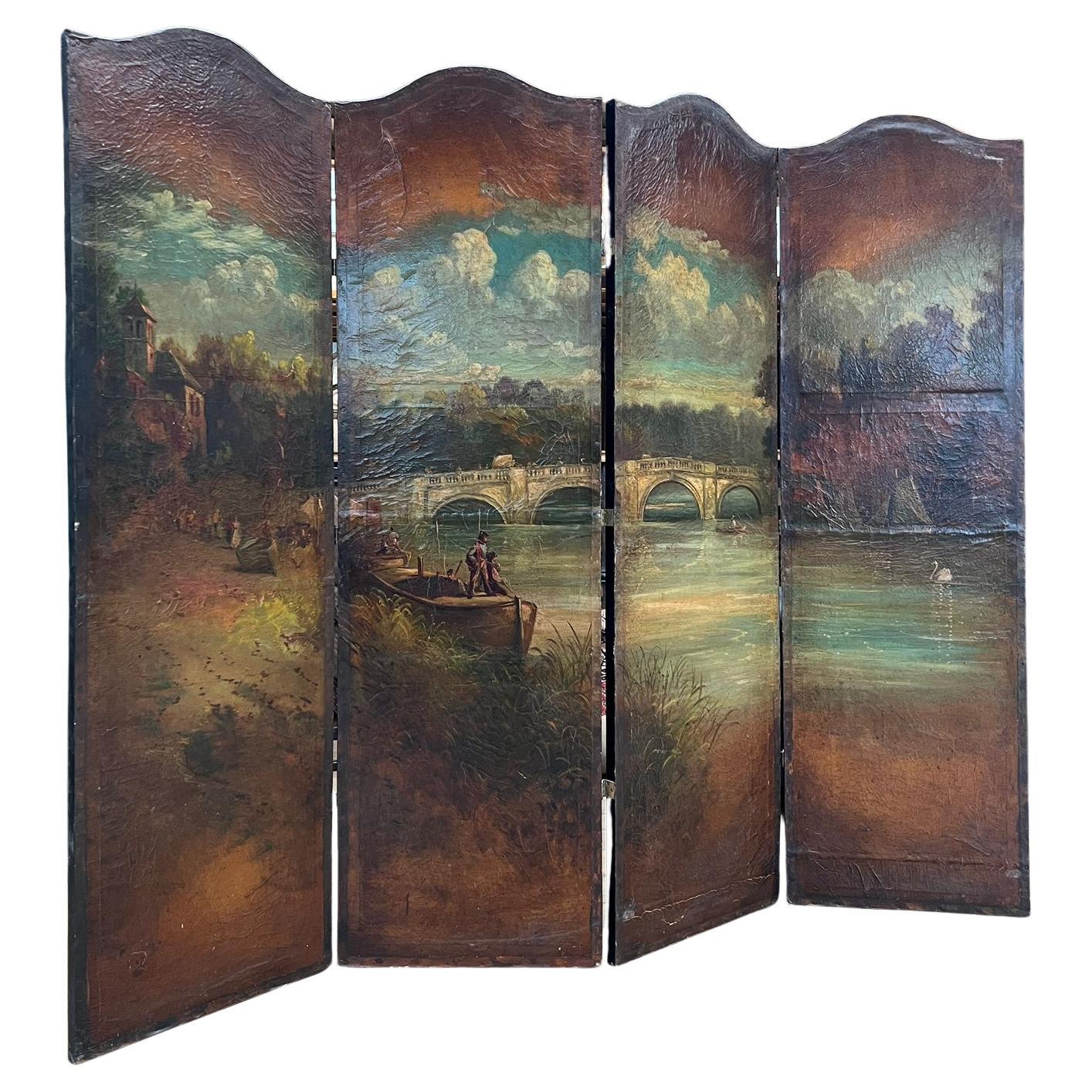 Antico paravento a quattro pannelli dipinto, inizio XX secolo