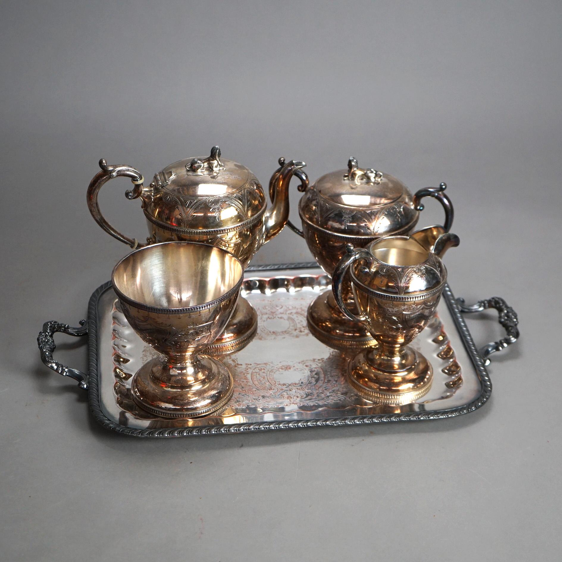 Antico set da tè in argento placcato in quattro pezzi con incisione a fogliame C1890 in vendita 2