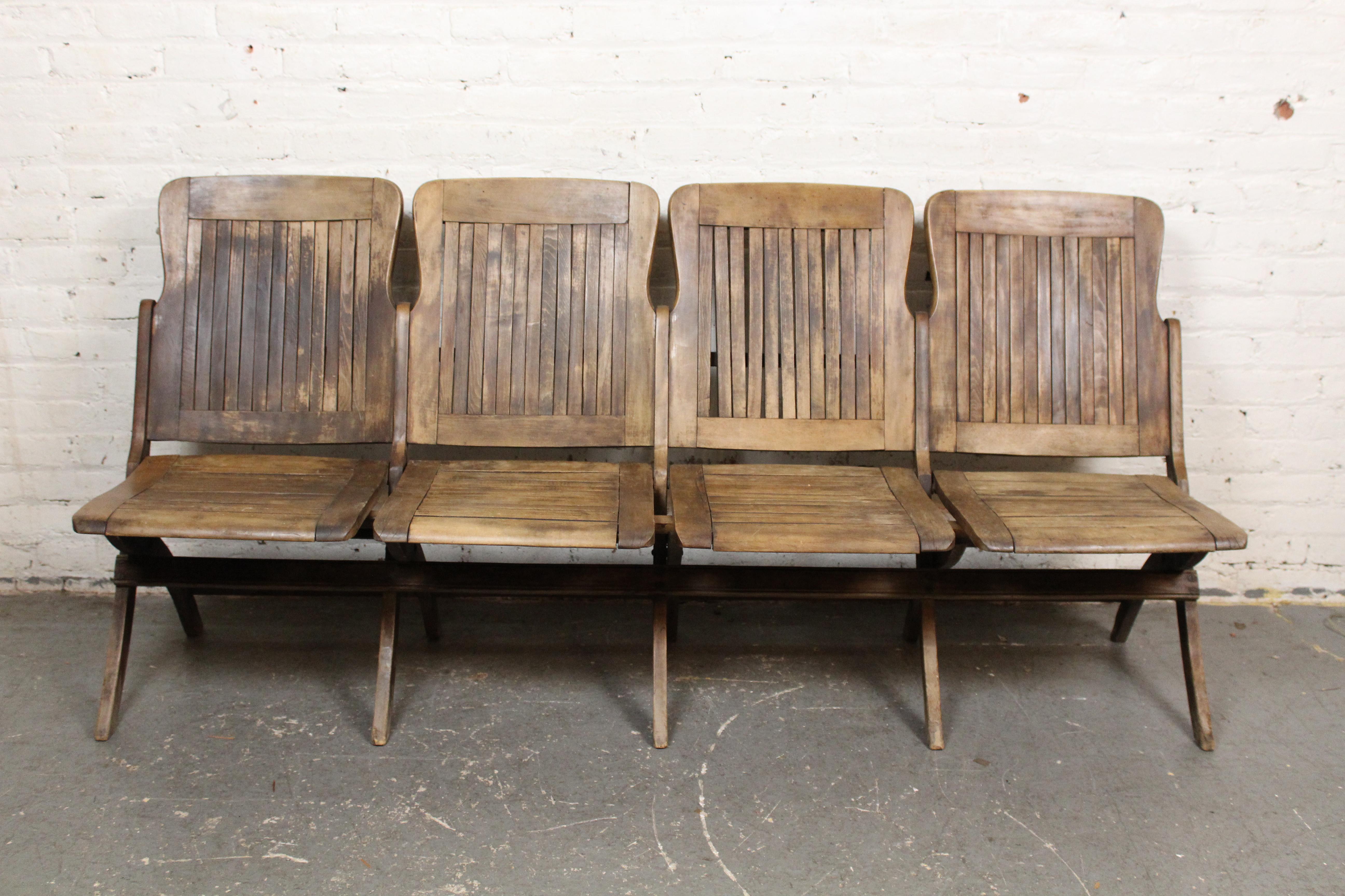 Long four seat pew bench with folding seats. Slat back and seats in sturdy frame. Great for restaurants or bar use.
Please confirm location NY or NJ