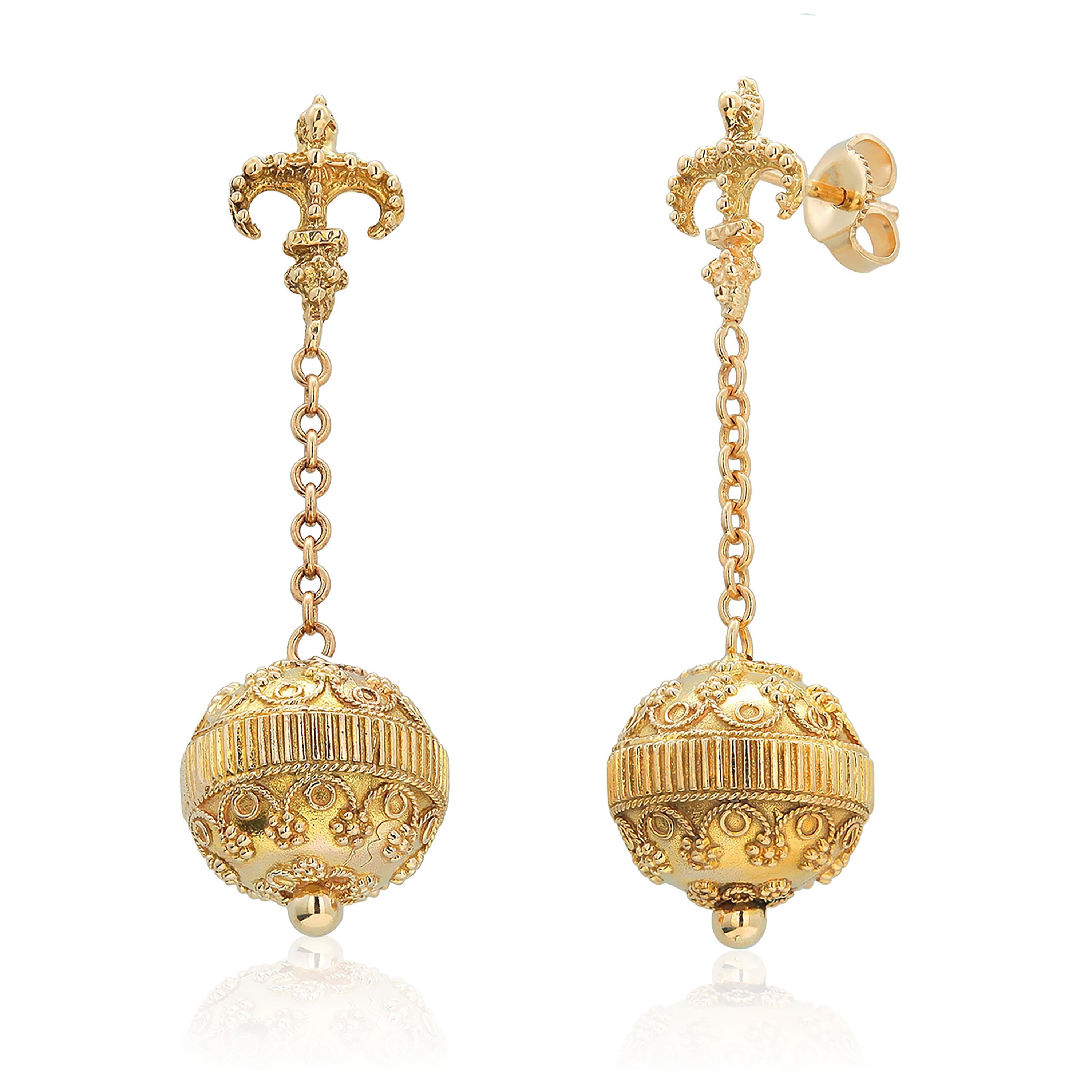 Etruscan Revival Yellow Gold Drop Earrings Dating Back to the Revival Etruscan Period in Italy