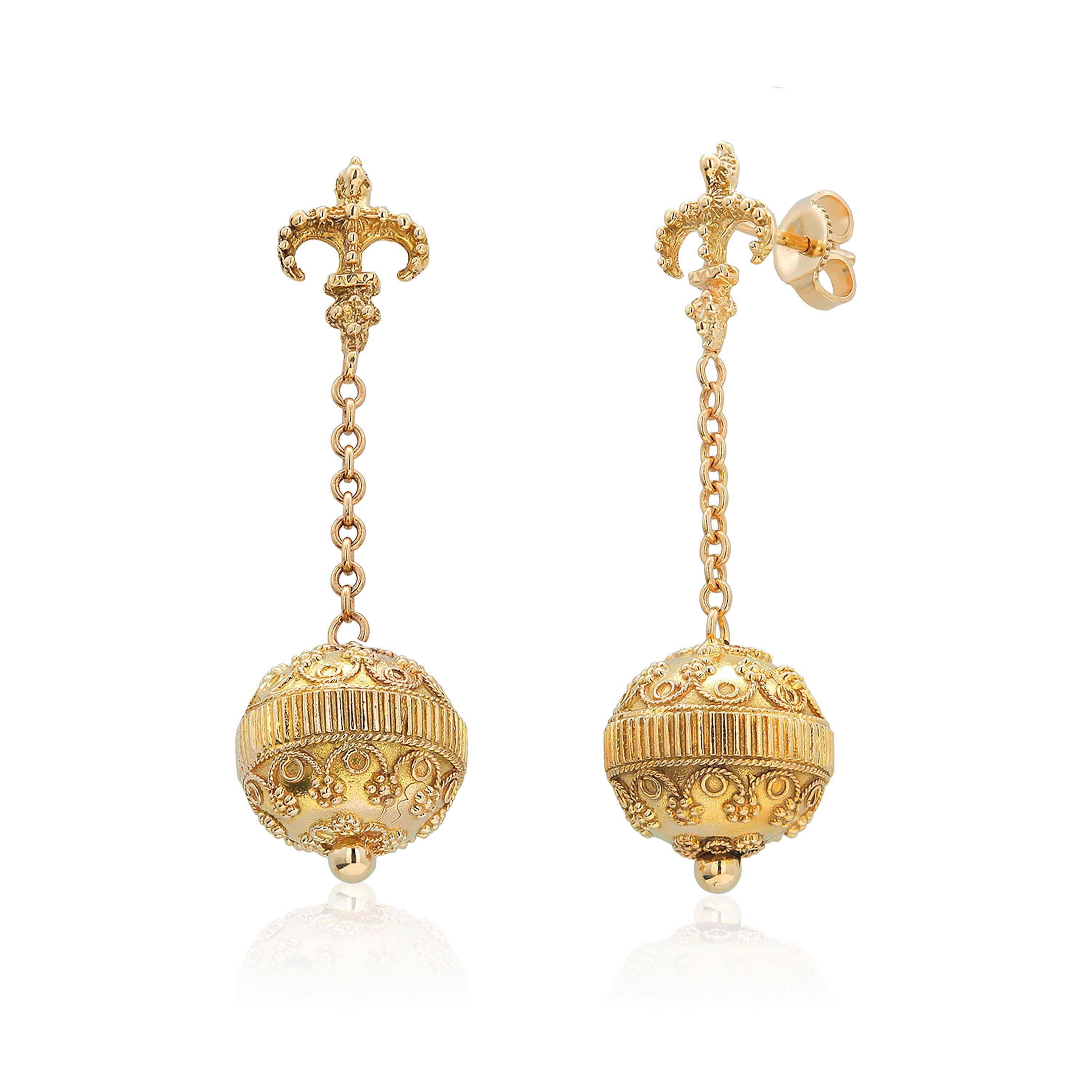 Women's Yellow Gold Drop Earrings Dating Back to the Revival Etruscan Period in Italy