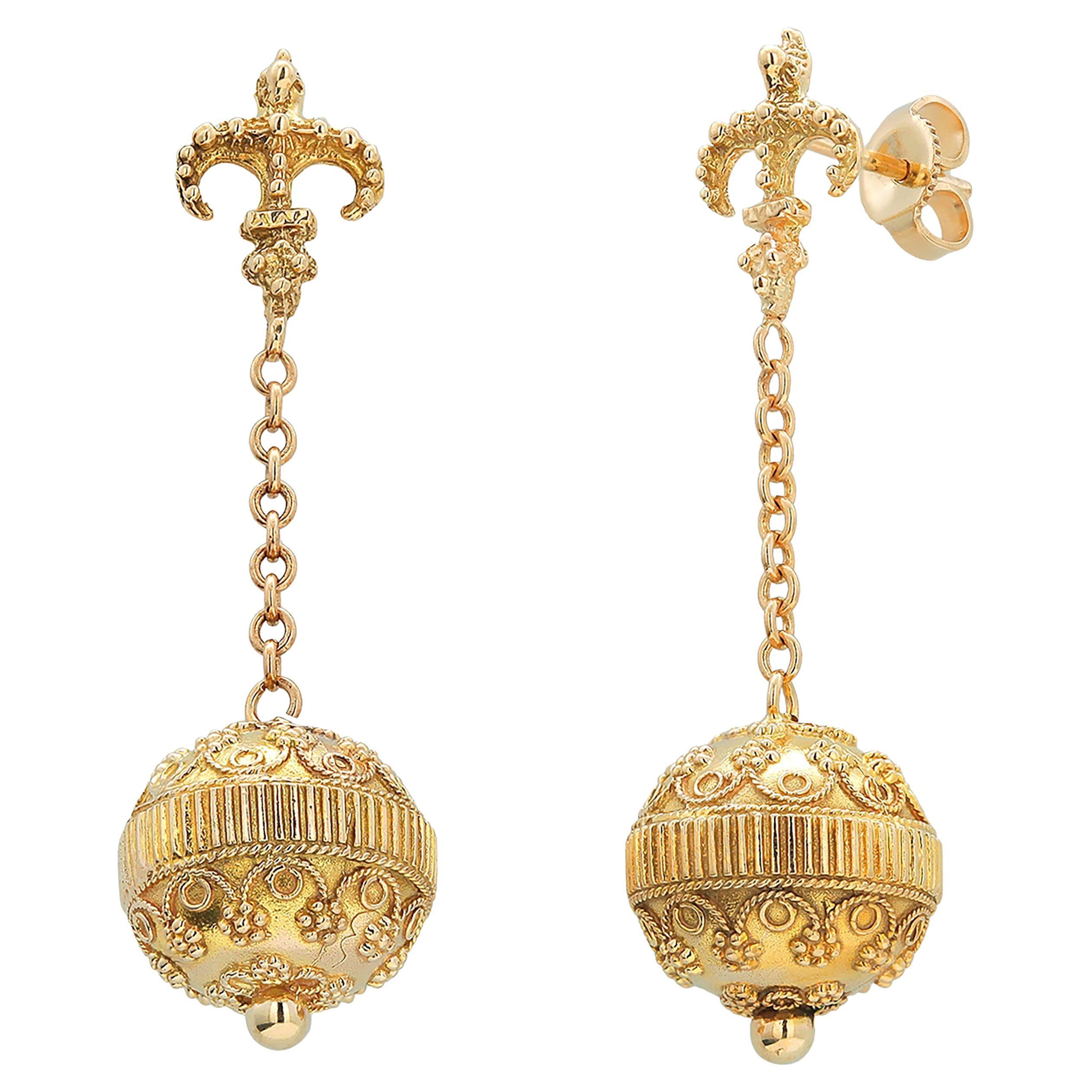 Yellow Gold Drop Earrings Dating Back to the Revival Etruscan Period in Italy