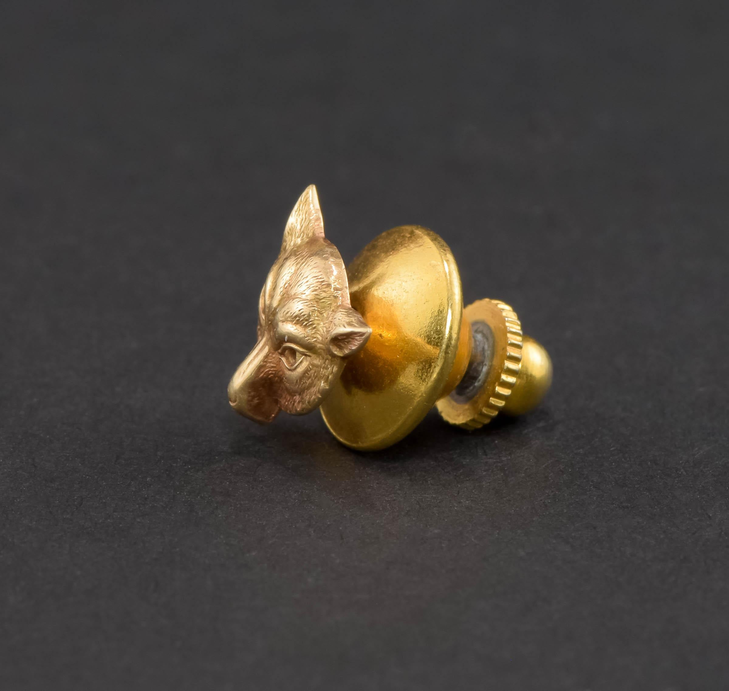 Victorian Antique Fox Tie Tack or Lapel Pin in 14K Gold, Petite & Well Detailed