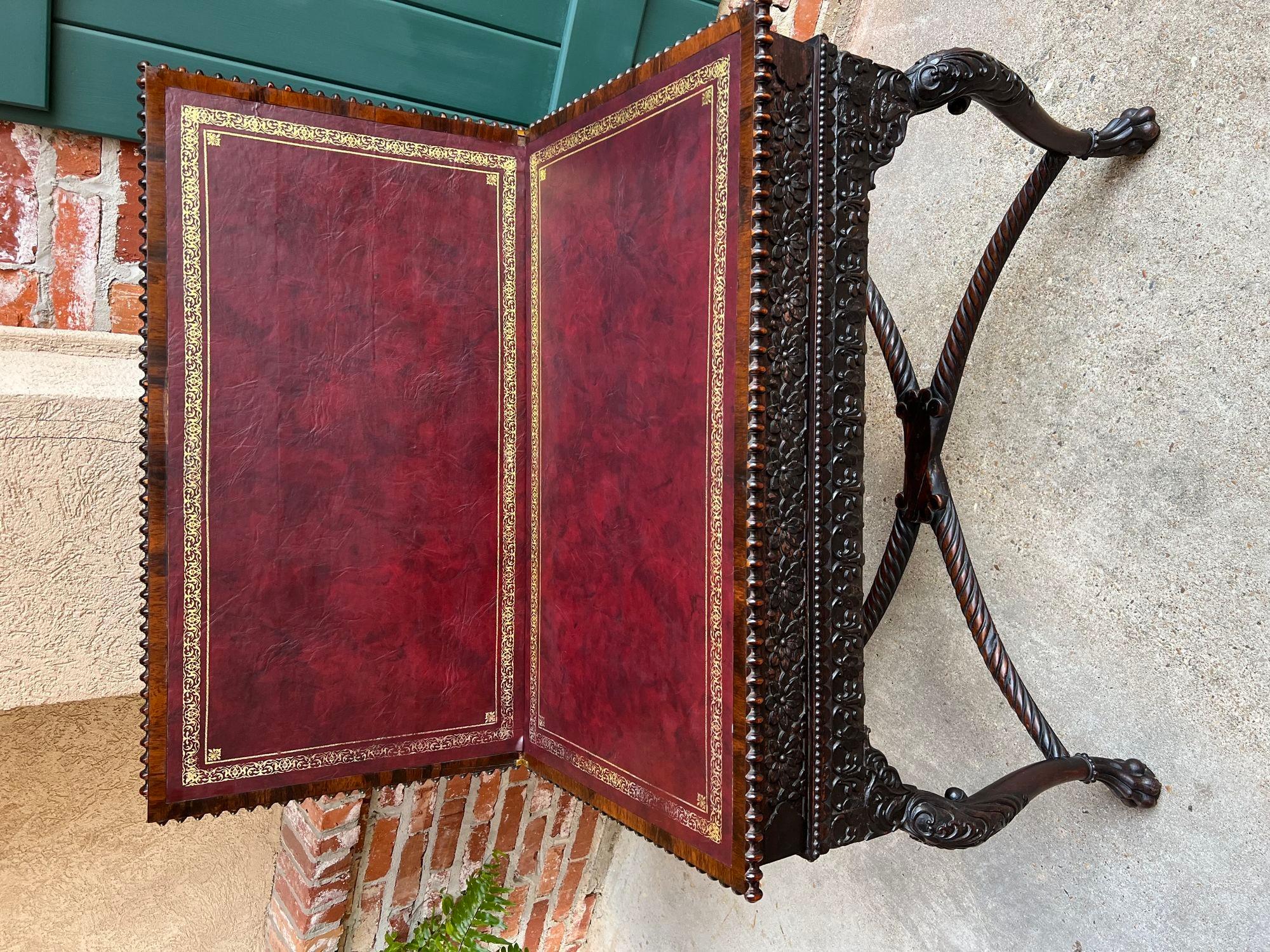 Antike Foyer Hall Tisch British Colonial geschnitzt Holz Leder Flip Top birmanischen im Angebot 7