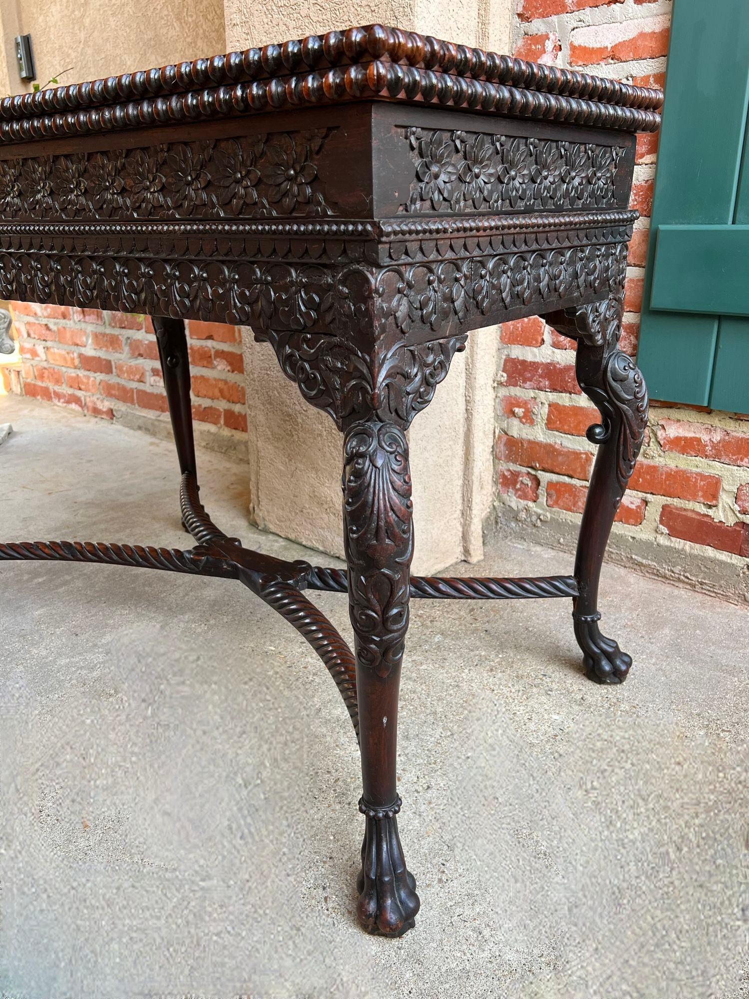 Antike Foyer Hall Tisch British Colonial geschnitzt Holz Leder Flip Top birmanischen im Angebot 9