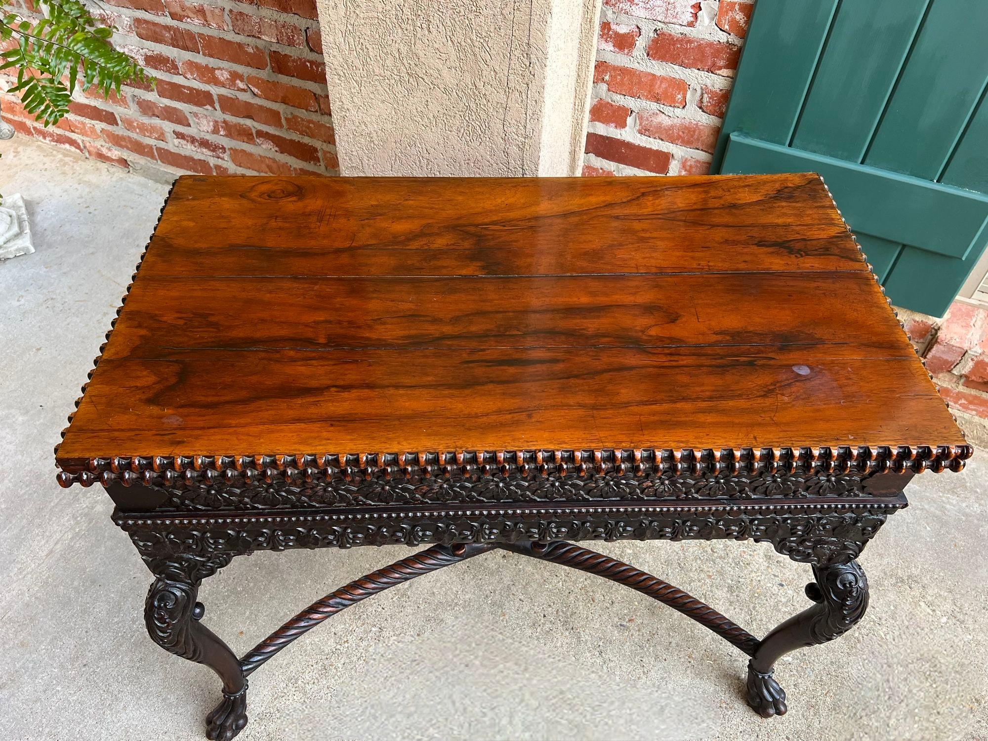 Antike Foyer Hall Tisch British Colonial geschnitzt Holz Leder Flip Top birmanischen im Zustand „Gut“ im Angebot in Shreveport, LA