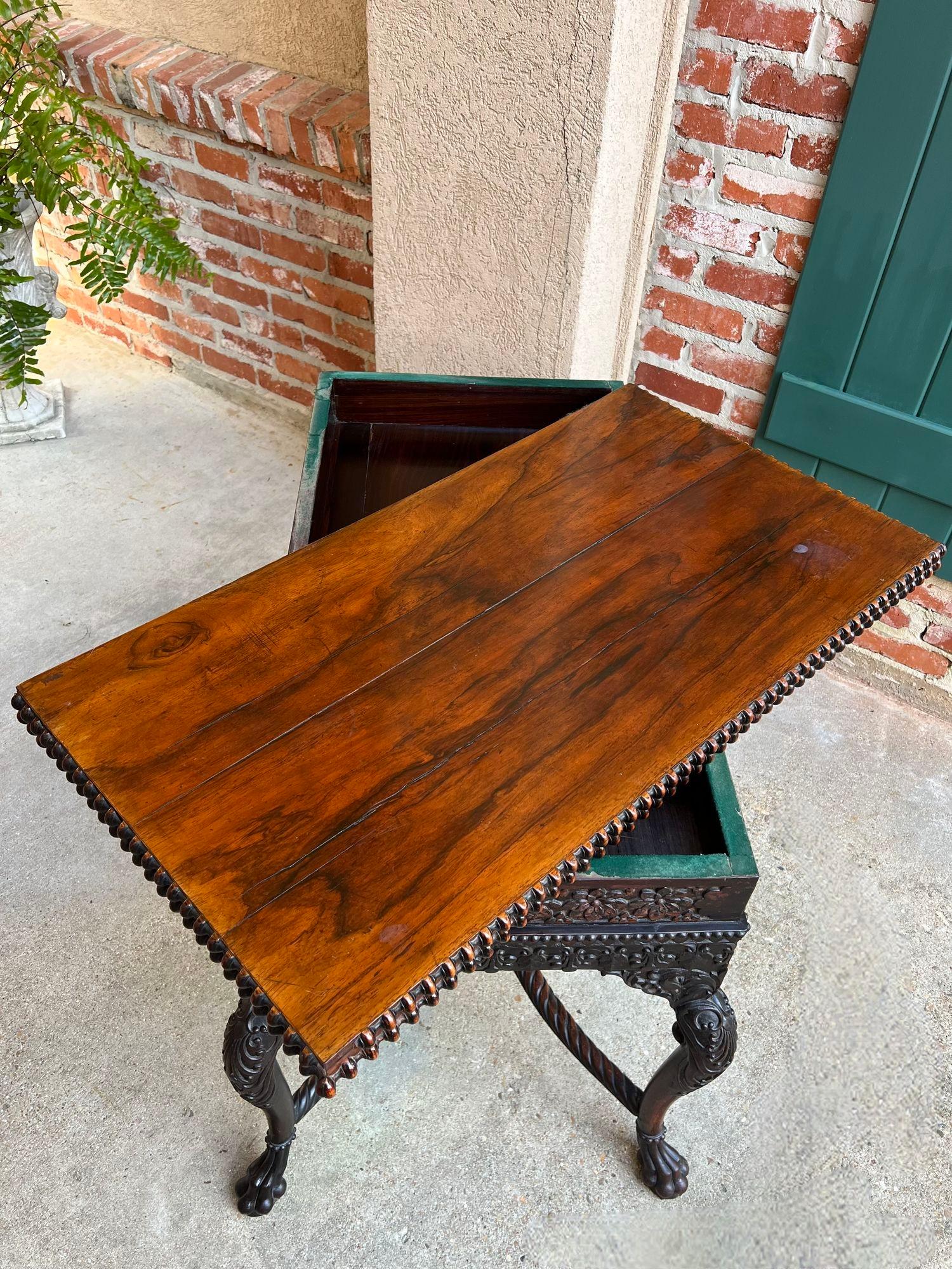 Antike Foyer Hall Tisch British Colonial geschnitzt Holz Leder Flip Top birmanischen (Frühes 20. Jahrhundert) im Angebot