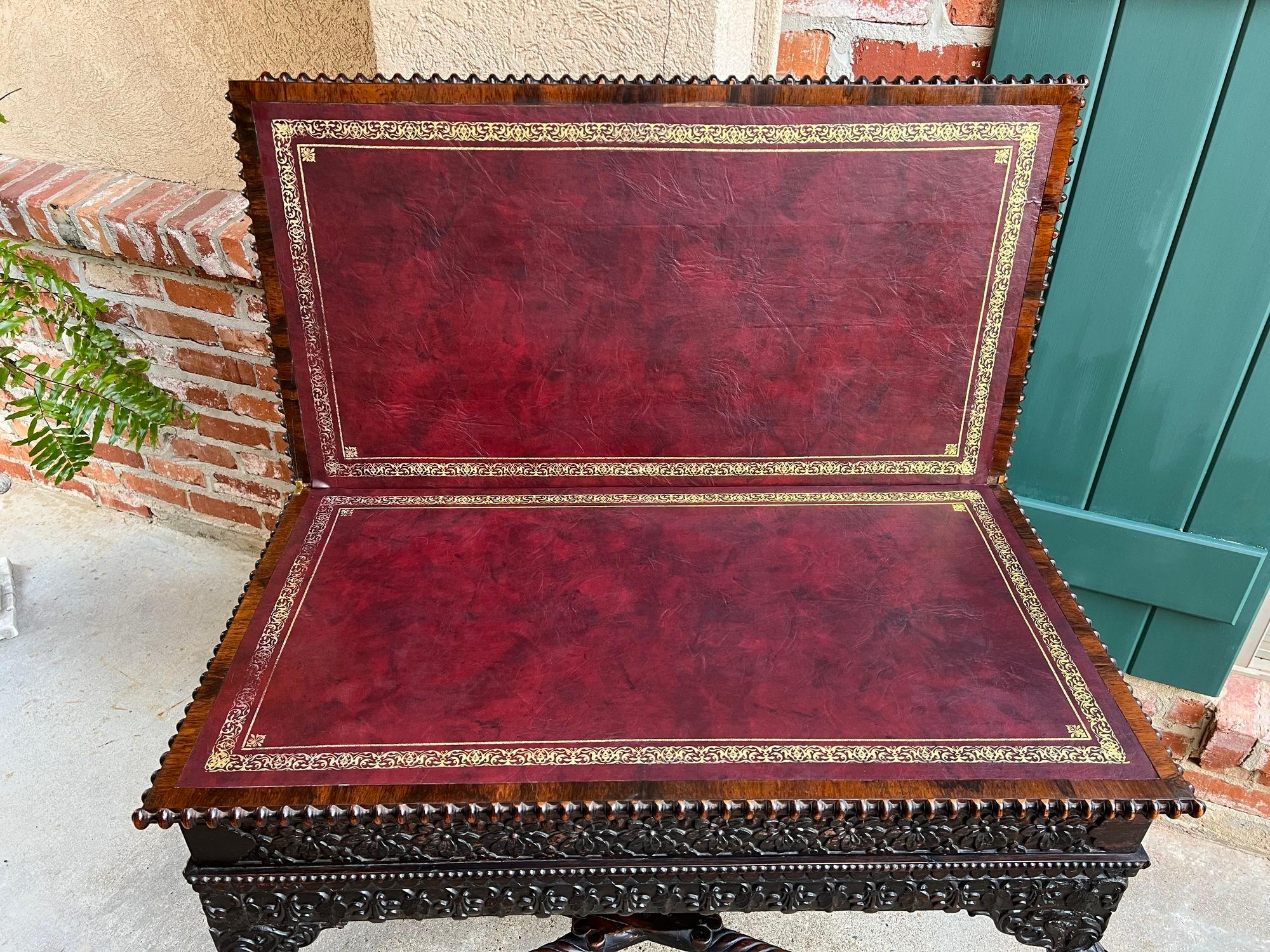 Antike Foyer Hall Tisch British Colonial geschnitzt Holz Leder Flip Top birmanischen (Hartholz) im Angebot