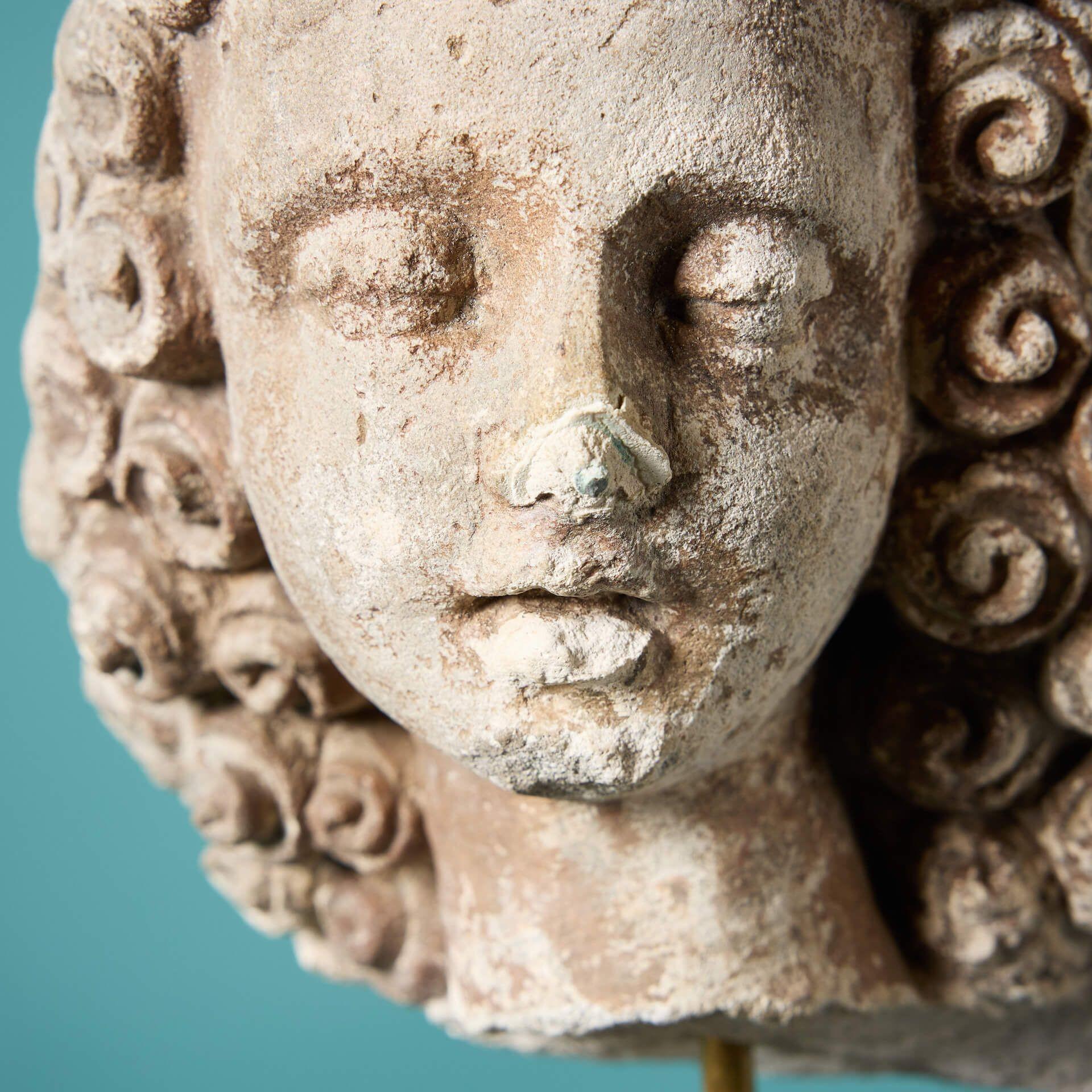Medieval Antique Fragmentary Carved Stone Head on Stand For Sale