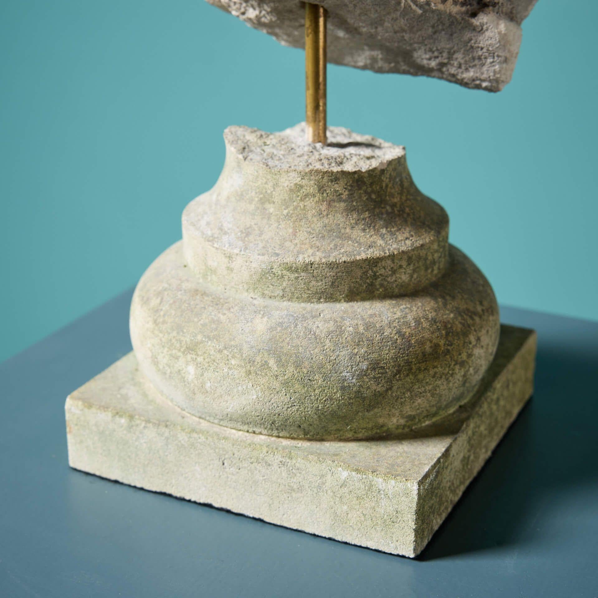 English Antique Fragmentary Carved Stone Head on Stand For Sale