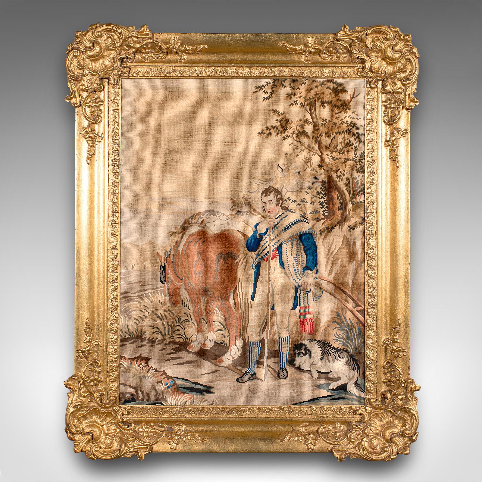 This is an antique framed tapestry. A Continental, needlepoint and giltwood decorative panel, dating to the Early Victorian period, circa 1850.

Grace your wall with this wonderful display tapestry
Displaying a desirable aged patina and in good